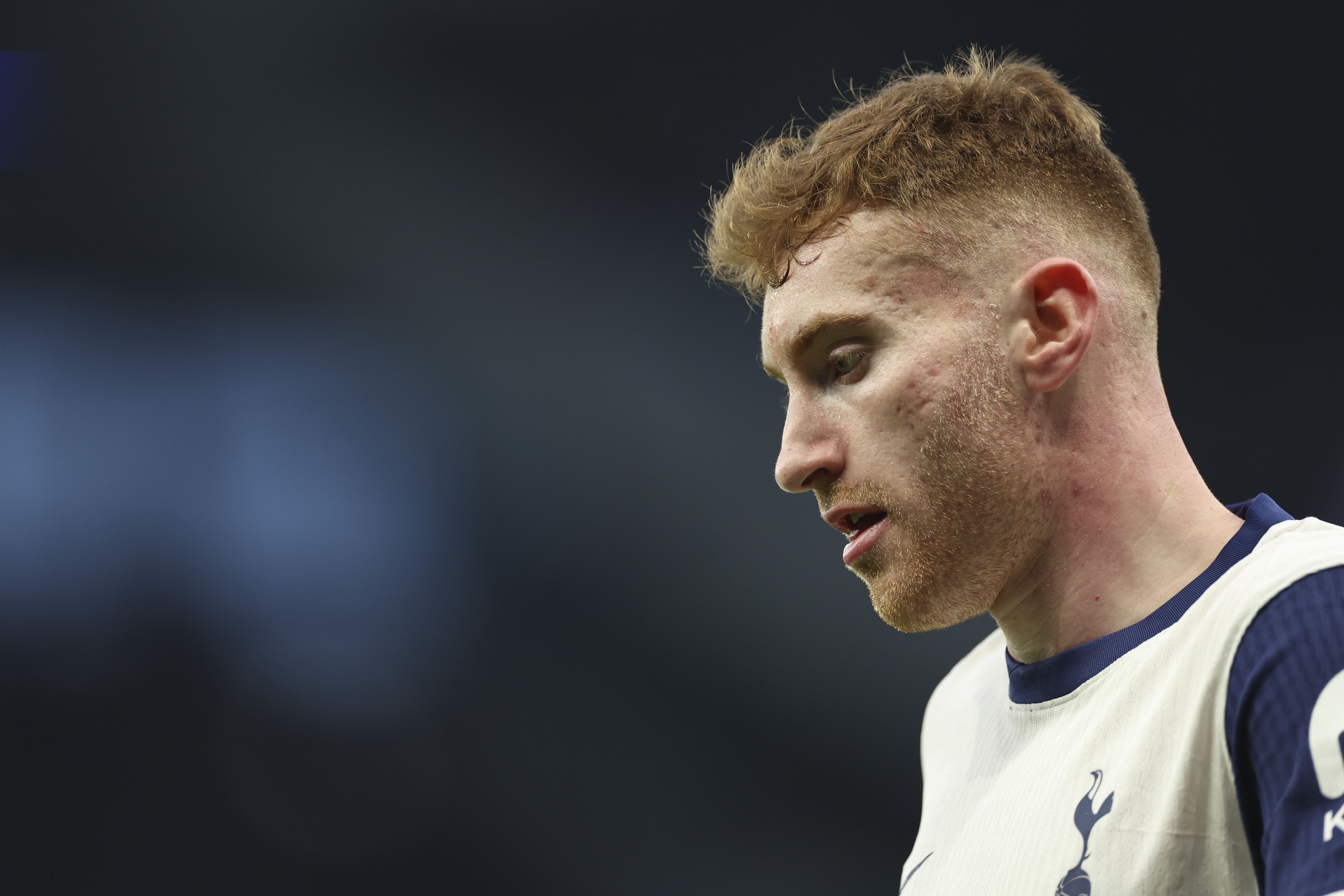 Tottenham's Dejan Kulusevski looks down during the English Premier League soccer match between Tottenham Hotspur and Manchester United in London, Sunday, Feb. 16, 2025. (AP Photo/Ian Walton)