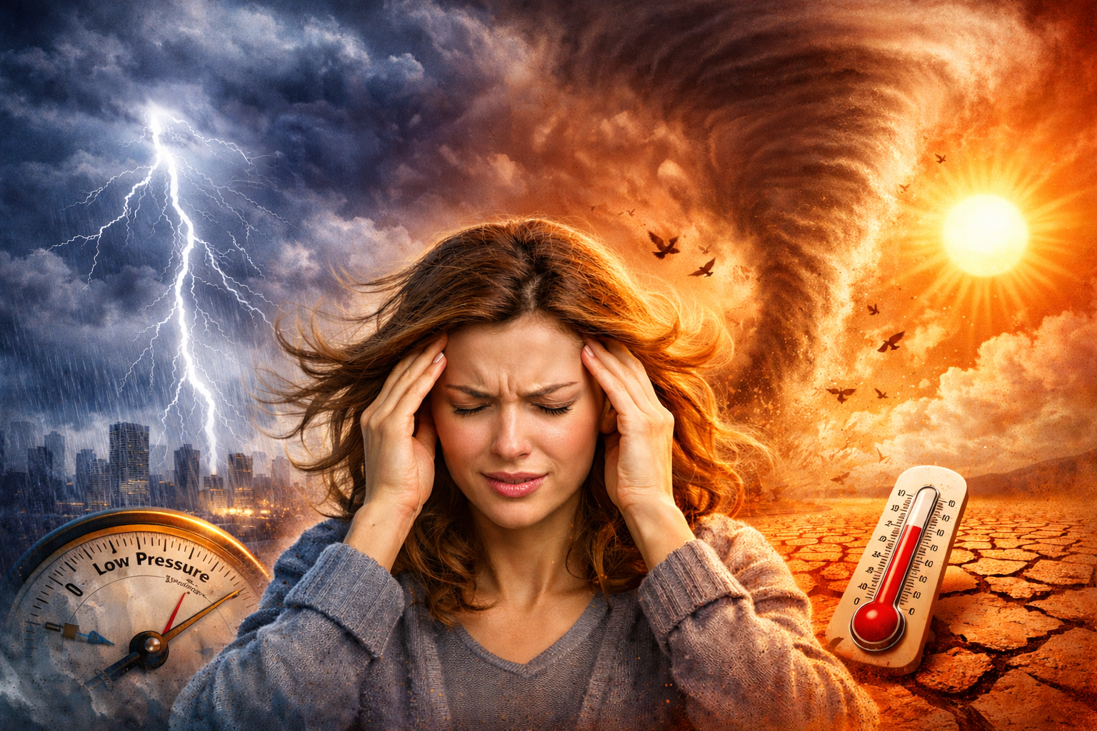 meteoropata se drzi za glavu dok iza njega prikazujemo različite vremenske prilike