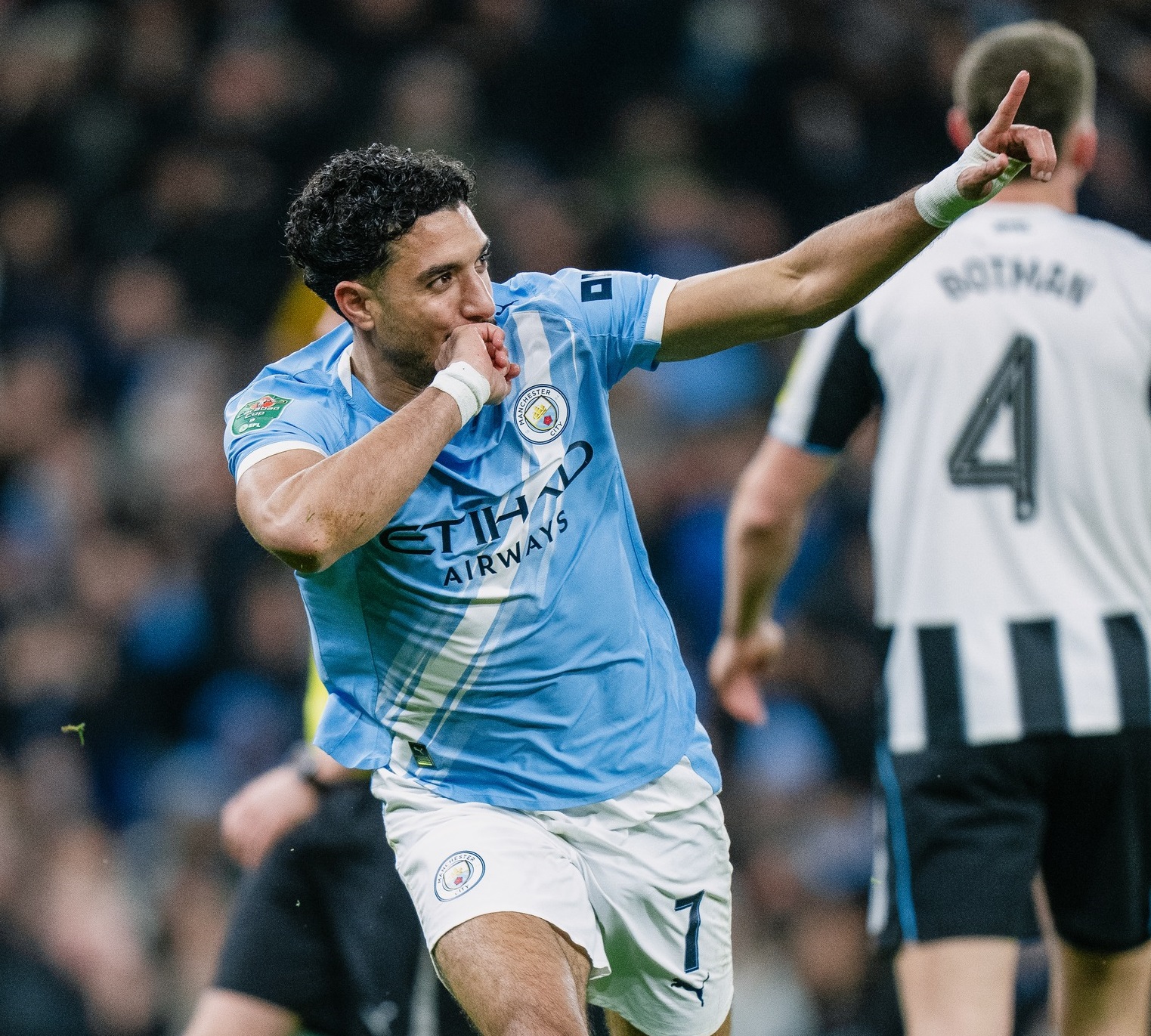 Omar Marmoush of Manchester City celebrates after scoring a goal to make it 1-0 durin