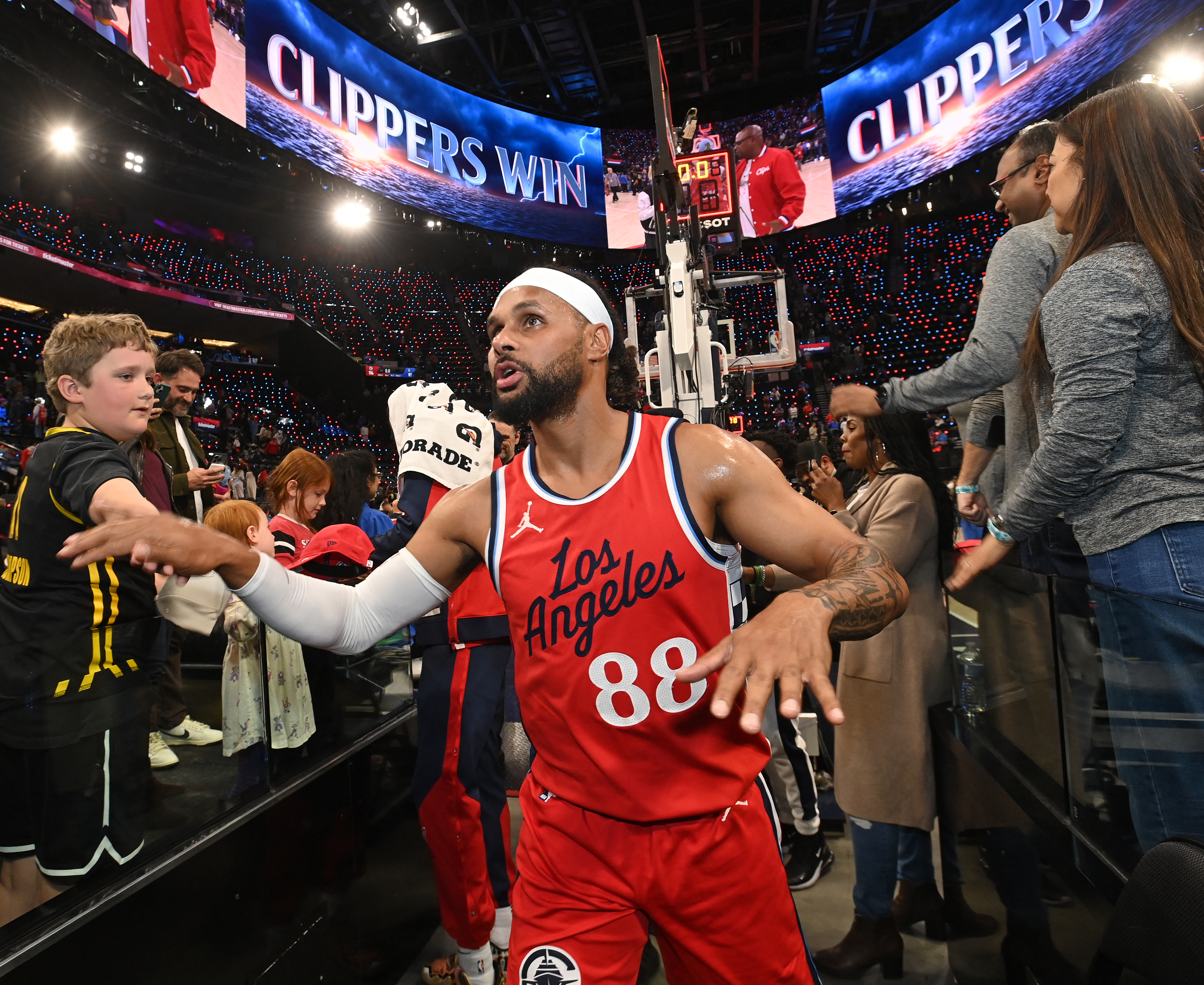INGLEWOOD, CA - APRIL 4: Patty Mills #88 of the LA Clippers run on to the court