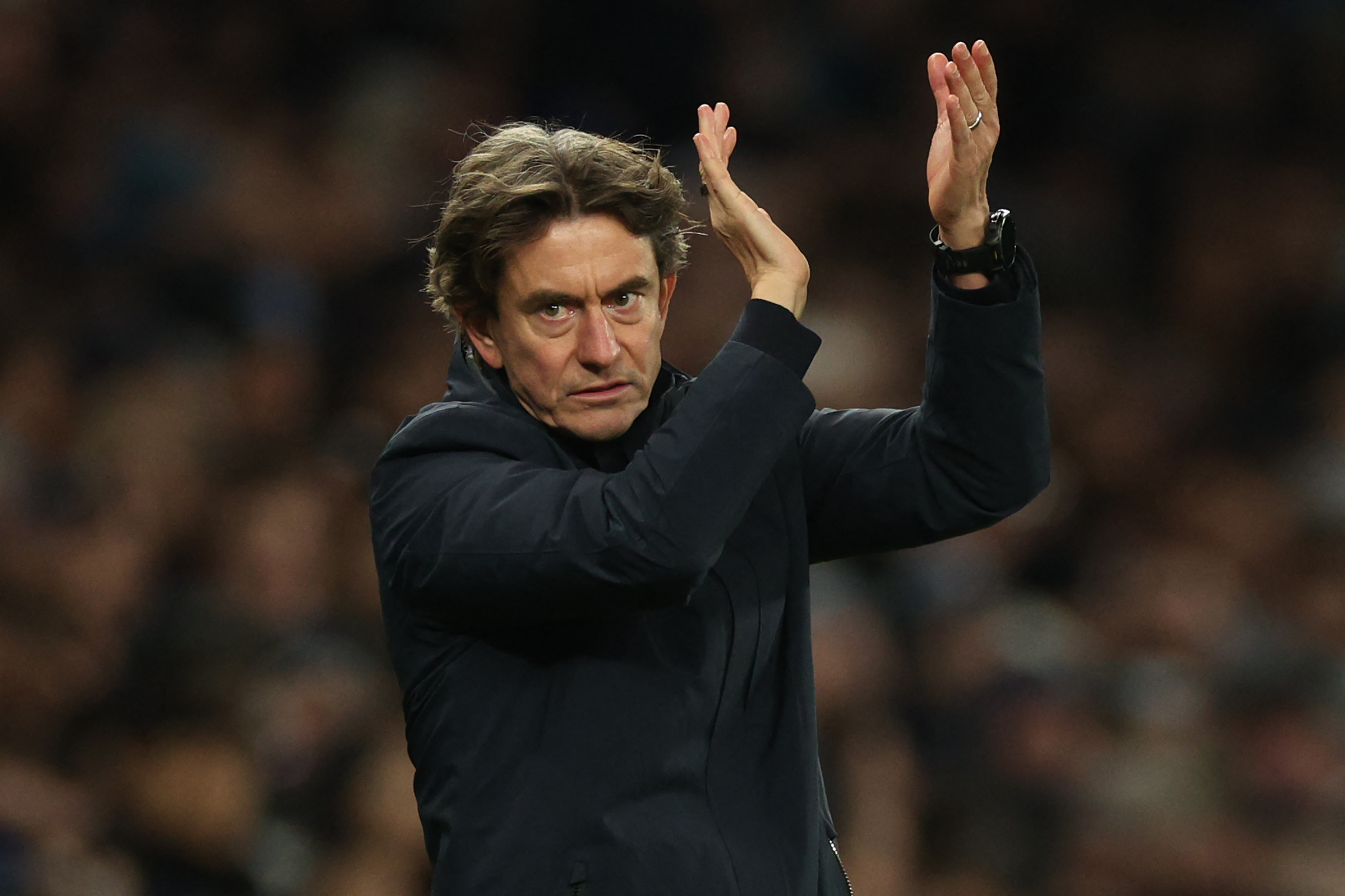 (FILES) Tottenham Hotspur's Danish head coach Thomas Frank gestures on the touchline during the UEFA Champions League football league stage match between Tottenham Hotspur and Borussia Dortmund at the Tottenham Hotspur Stadium in London, on January 20, 20