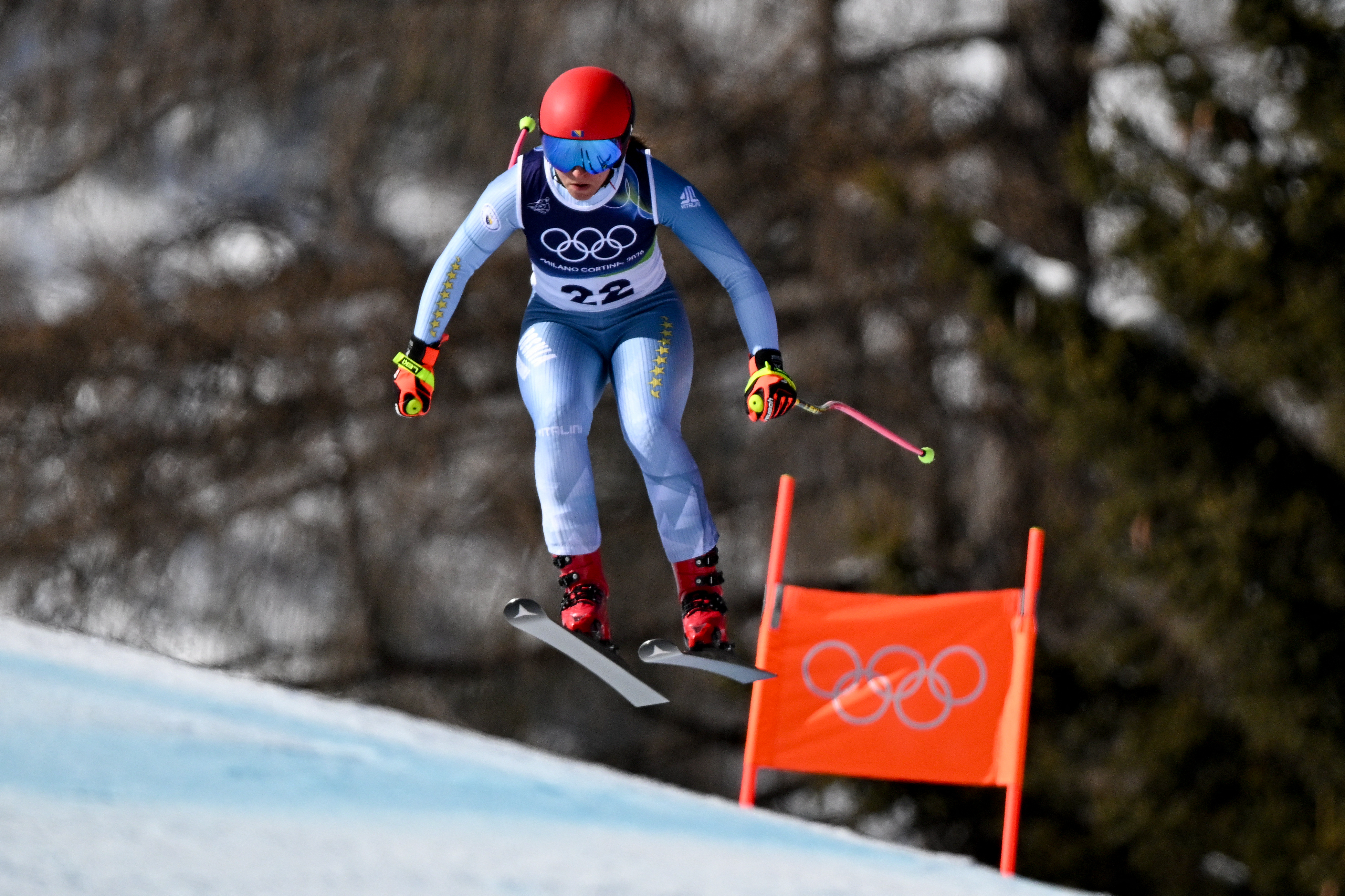 Bosnia-Herzegovina's Elvedina Muzaferija competes in the women's downhill event during the Milano Cortina 2026 Winter Olympic Games at the Tofane Alpine Skiing Centre in Cortina d’Ampezzo on February 8, 2026. (Photo by François-Xavier MARIT / AFP)