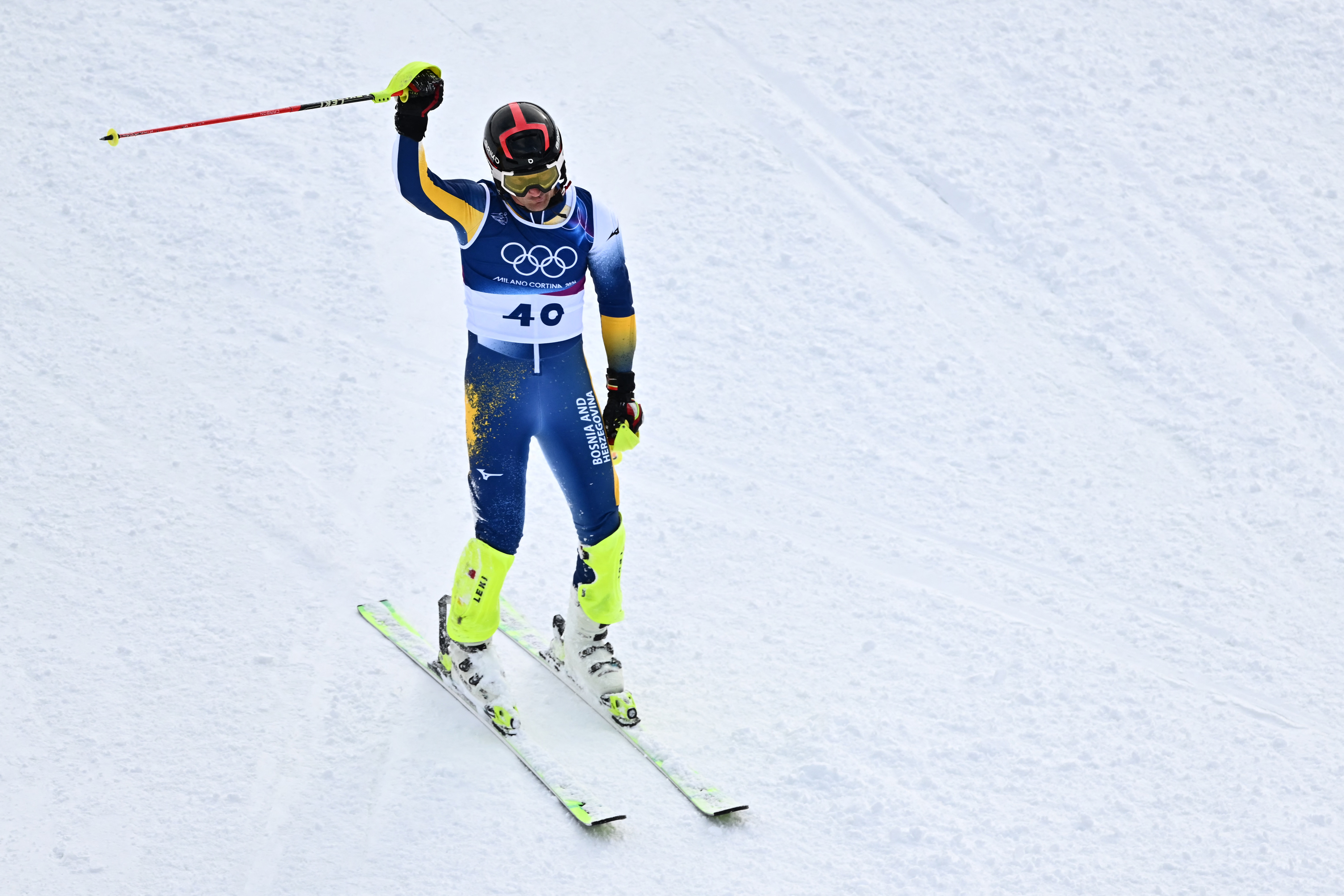 Bosnia-Herzegovina's Marko Sljivic reacts in the finish area after competing in the second run of the men's slalom alpine skiing event during the Milano Cortina 2026 Winter Olympic Games at the Stelvio Ski Centre in Bormio (Valtellina) on February 16, 202
