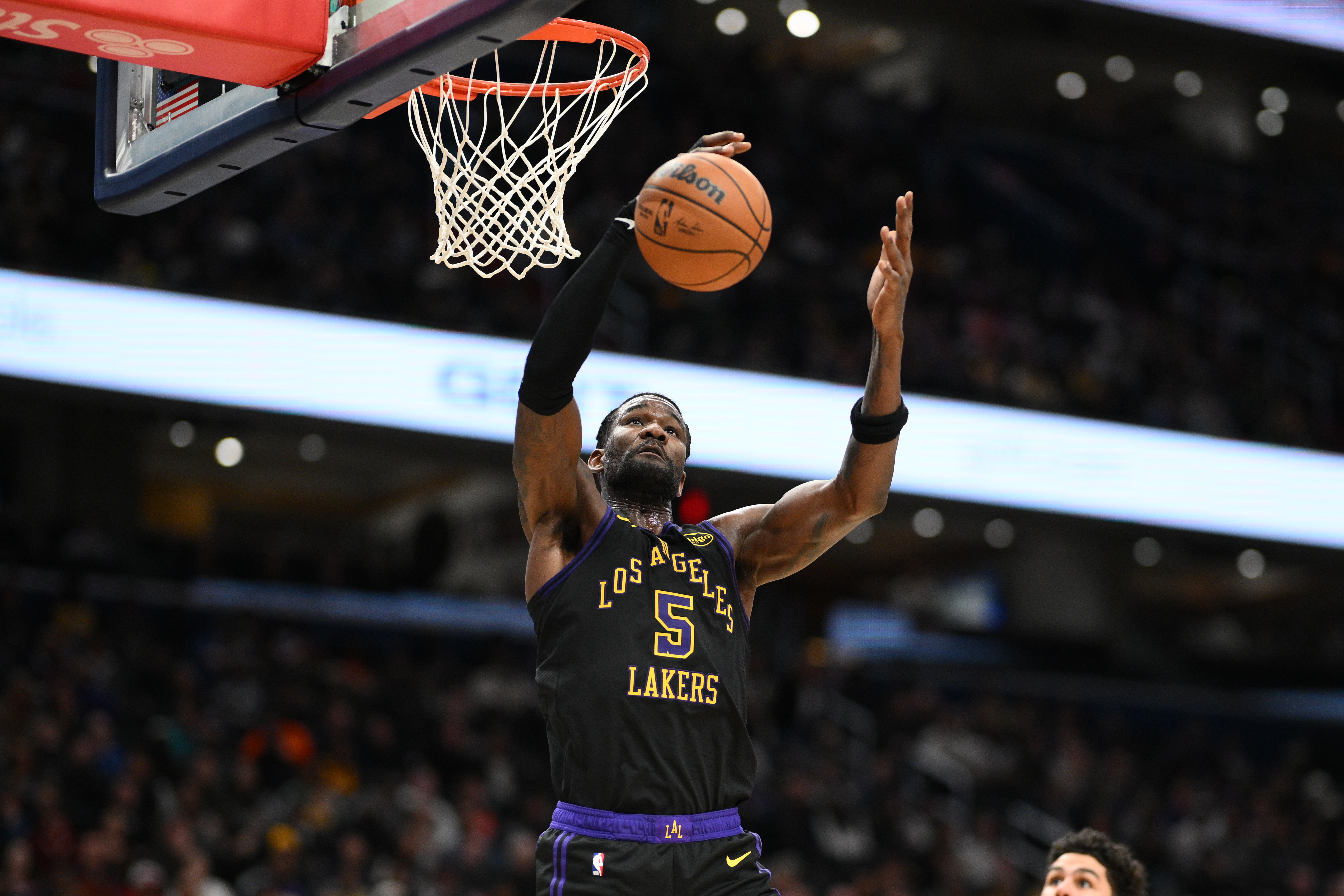 Los Angeles Lakers center Deandre Ayton (5) in action during the first half of an NBA basketball game against the Washington Wizards, Friday, Jan. 30, 2026, in Washington. (AP Photo/Nick Wass)