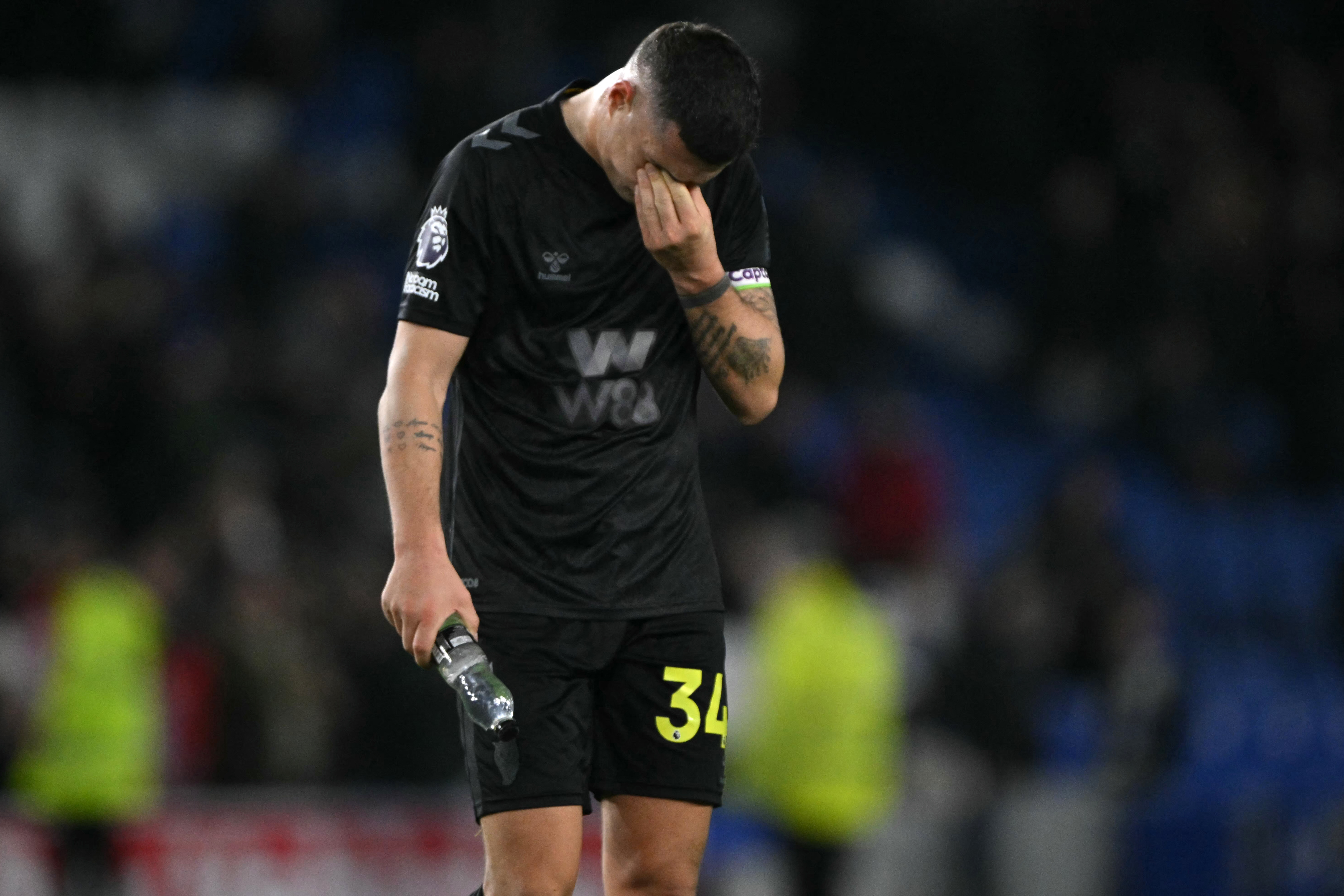 Sunderland's Swiss midfielder #34 Granit Xhaka reacts on the pitch after the English Premier League football match between Brighton and Hove Albion and Sunderland at the American Express Community Stadium in Brighton, southern England on December 20, 2025