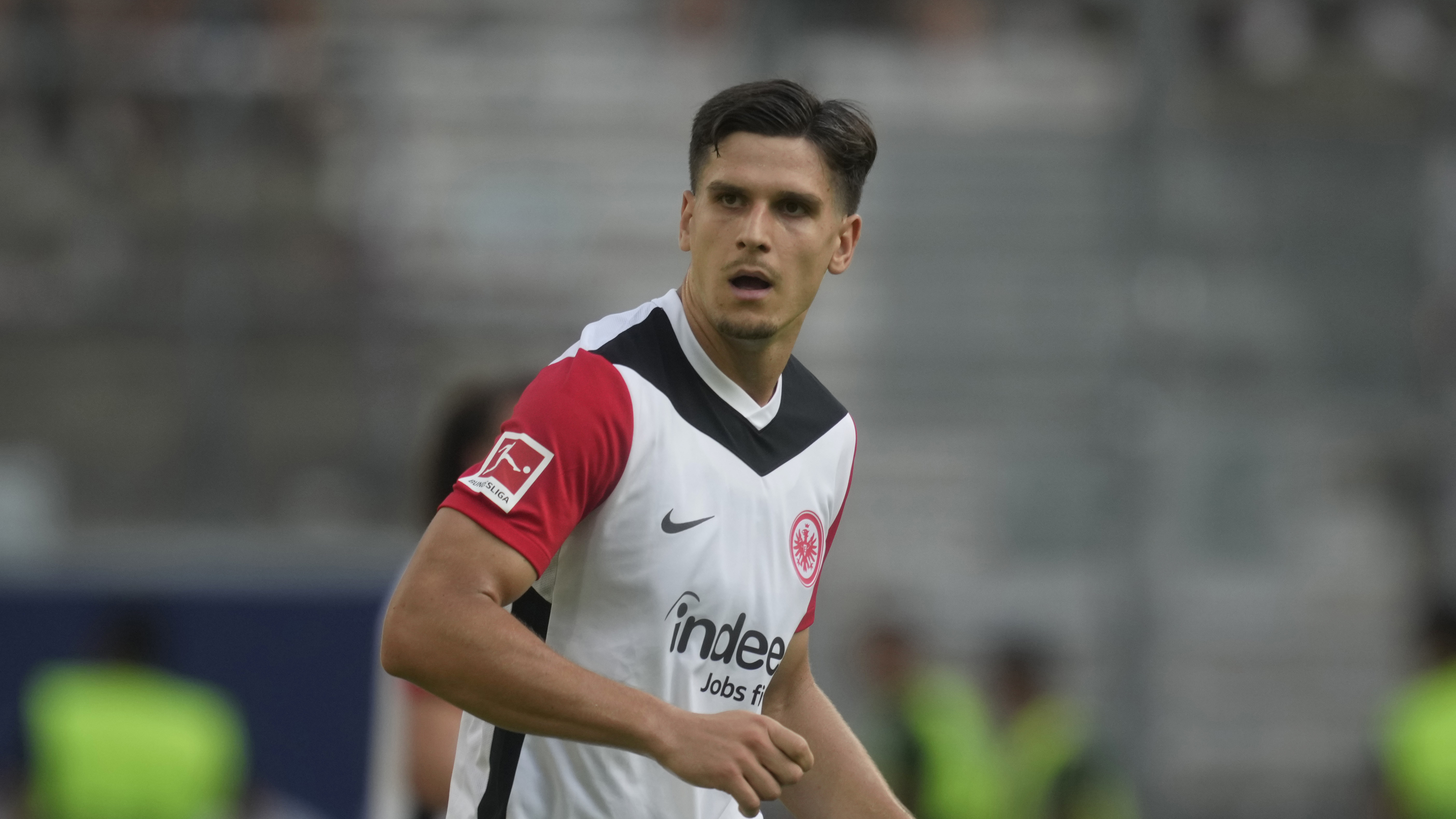 Frankfurt's Igor Matanovic during a German Bundesliga soccer match between Eintracht Frankfurt and TSG 1899 Hoffenheim in Frankfurt, Germany, Saturday, Aug. 31, 2024. (AP Photo/Michael Probst)
