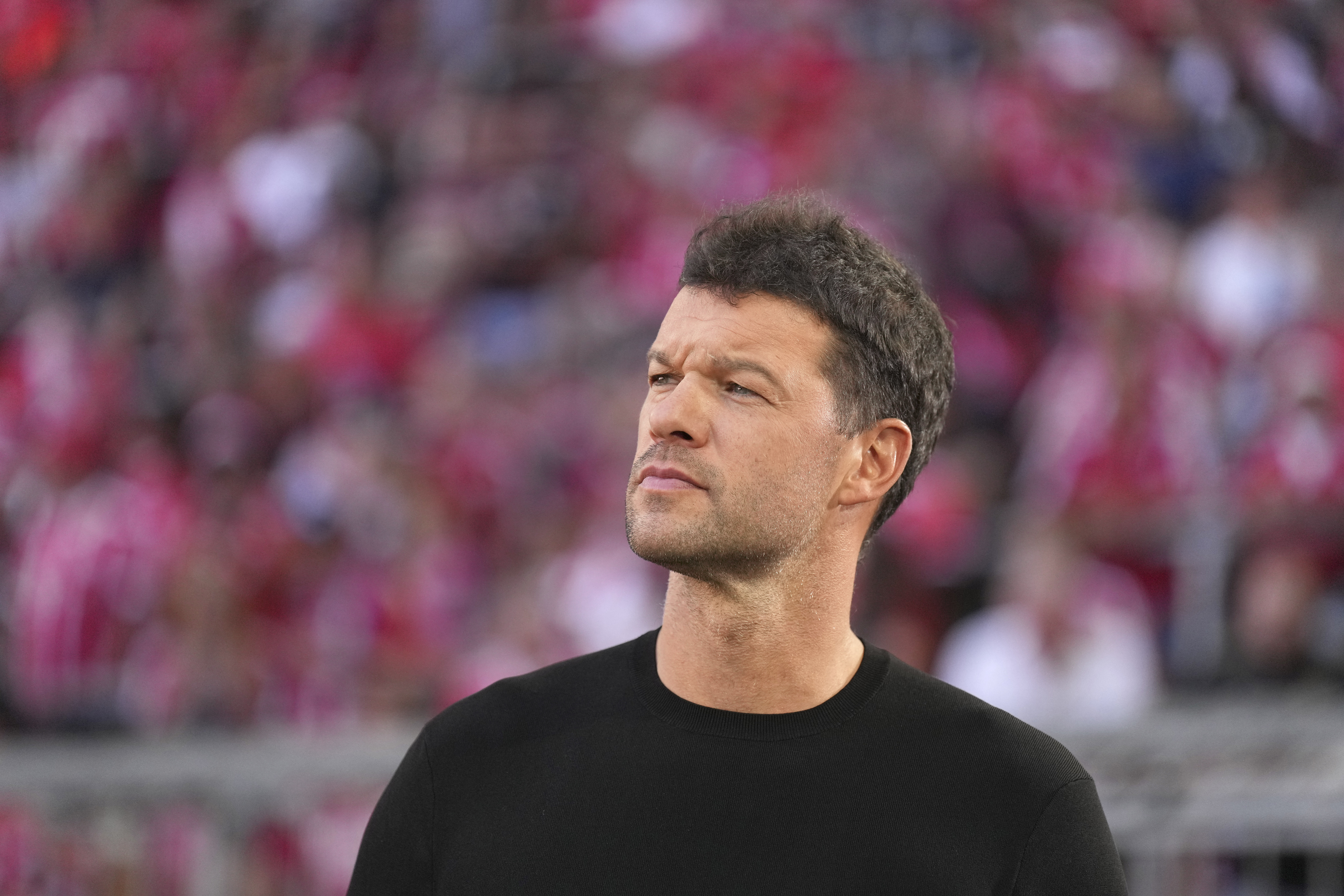 Former Bayern player Michael Ballack at the stadium before the German Bundesliga soccer match between FC Bayern Munich and VfL Wolfsburg in Munich, Germany, Sunday, Aug. 14, 2022. (AP PhotoMatthias Schrader)