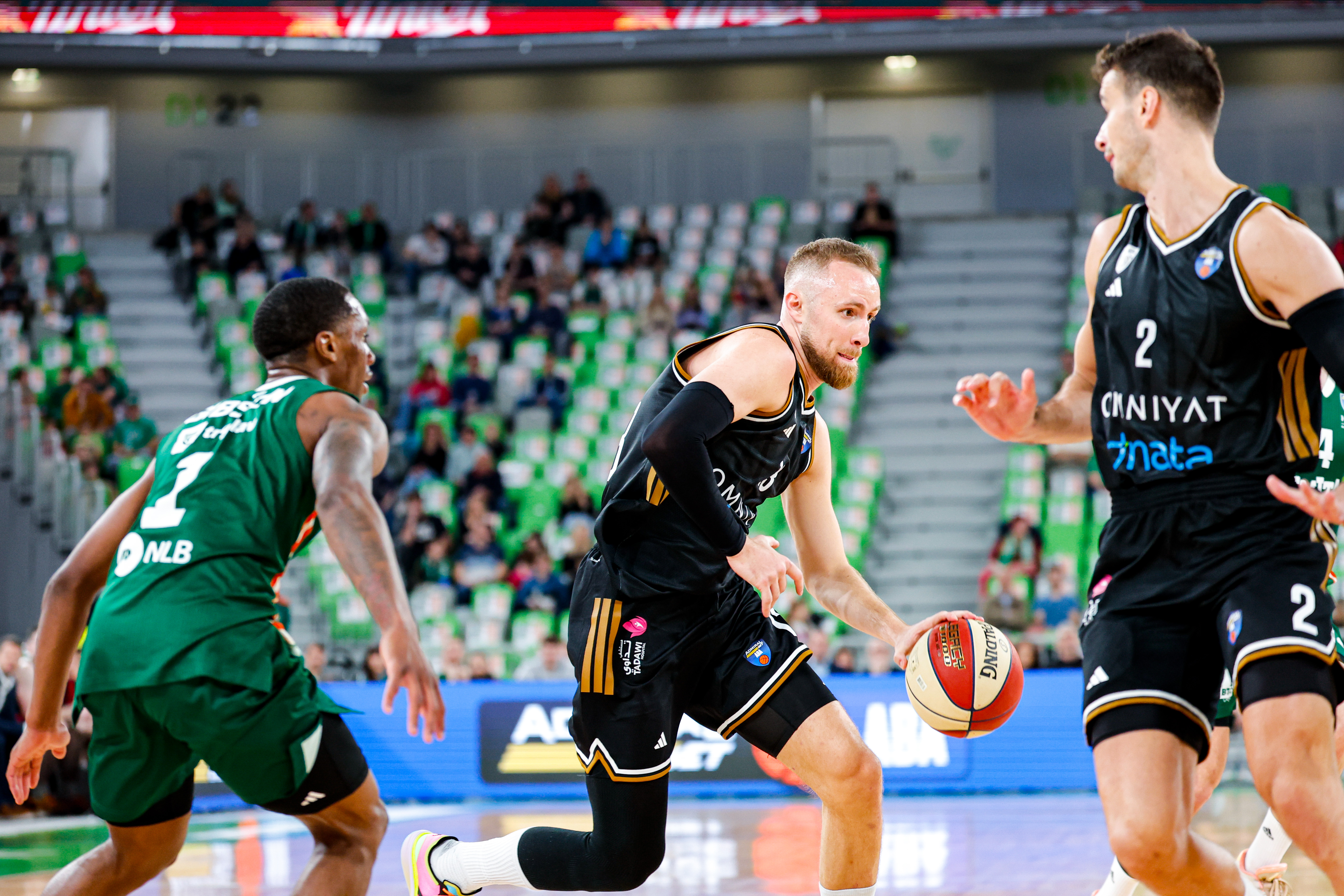 in action during ABA League 2025/2026 basketball match between Cedevita Olimpija (SLO) and Dubai (UAE) in Stozice, Ljubljana, Slovenia on March 8, 2026