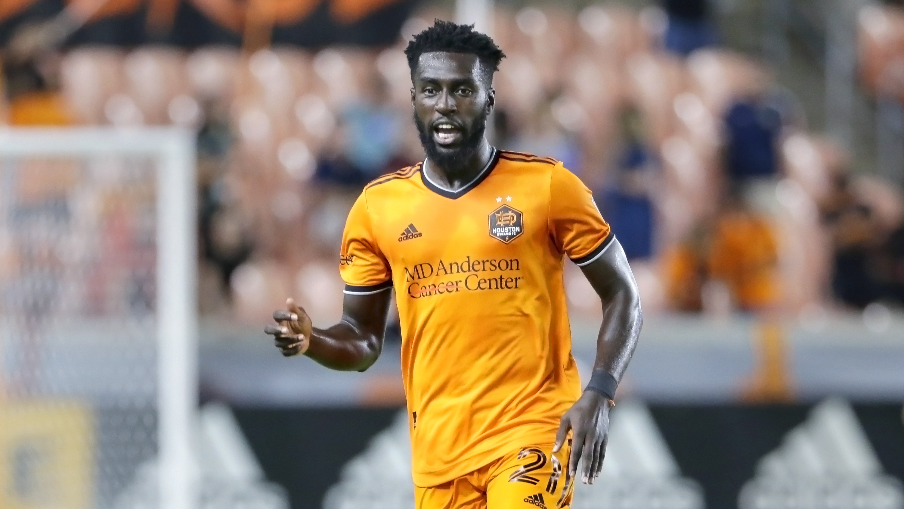 Houston Dynamo midfielder Derrick Jones during the second half of an MLS soccer match against Real Salt Lake Saturday, July 31, 2021, in Houston. (AP Photo/Michael Wyke)
