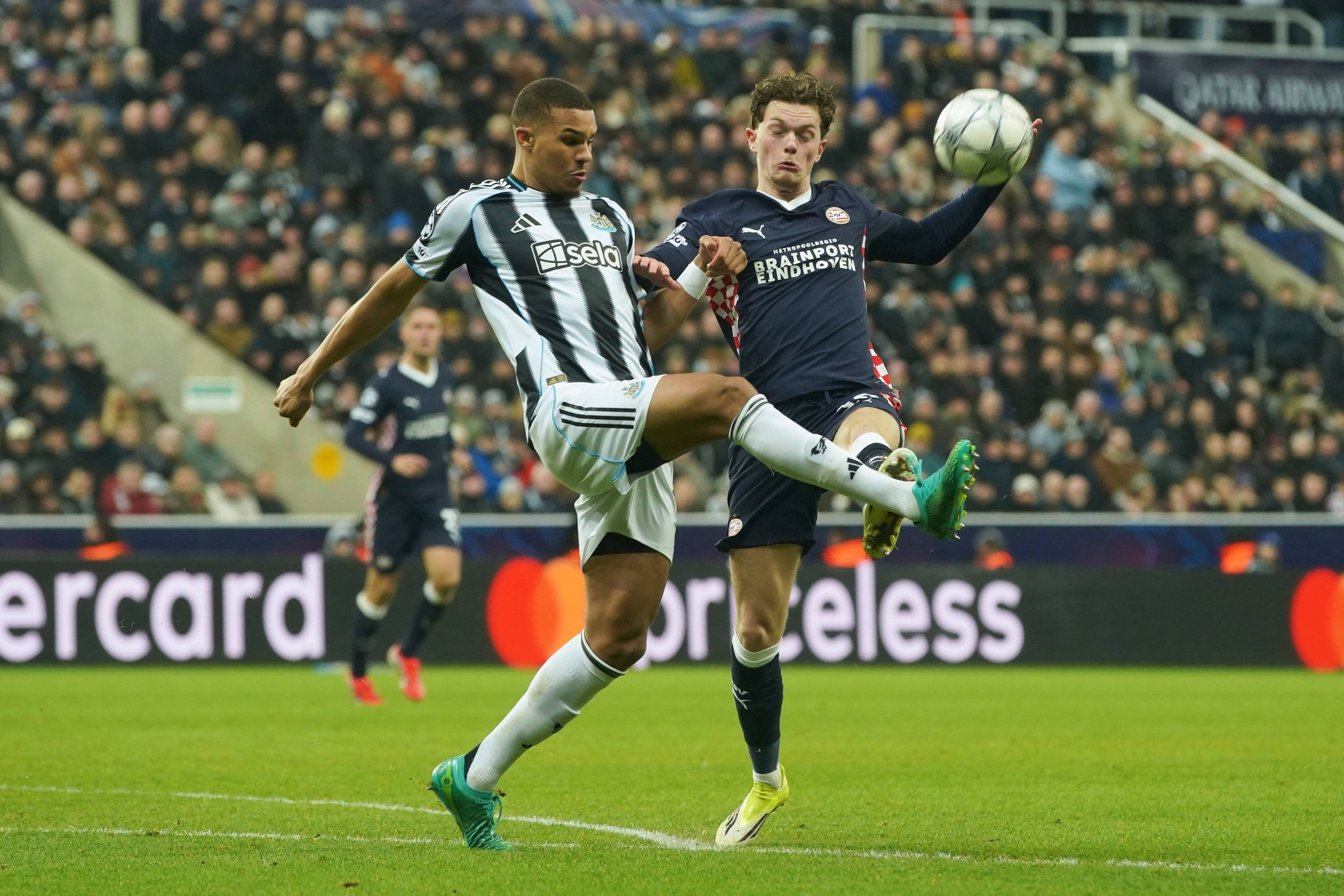 Newcastle's Malick Thiaw, left, and PSV's Paul Wanner vie for the ball during the Champions League soccer match between Newcastle and PSV in Newcastle, England, Wednesday, Jan. 21, 2026. (AP Photo/Ian Hodgson)