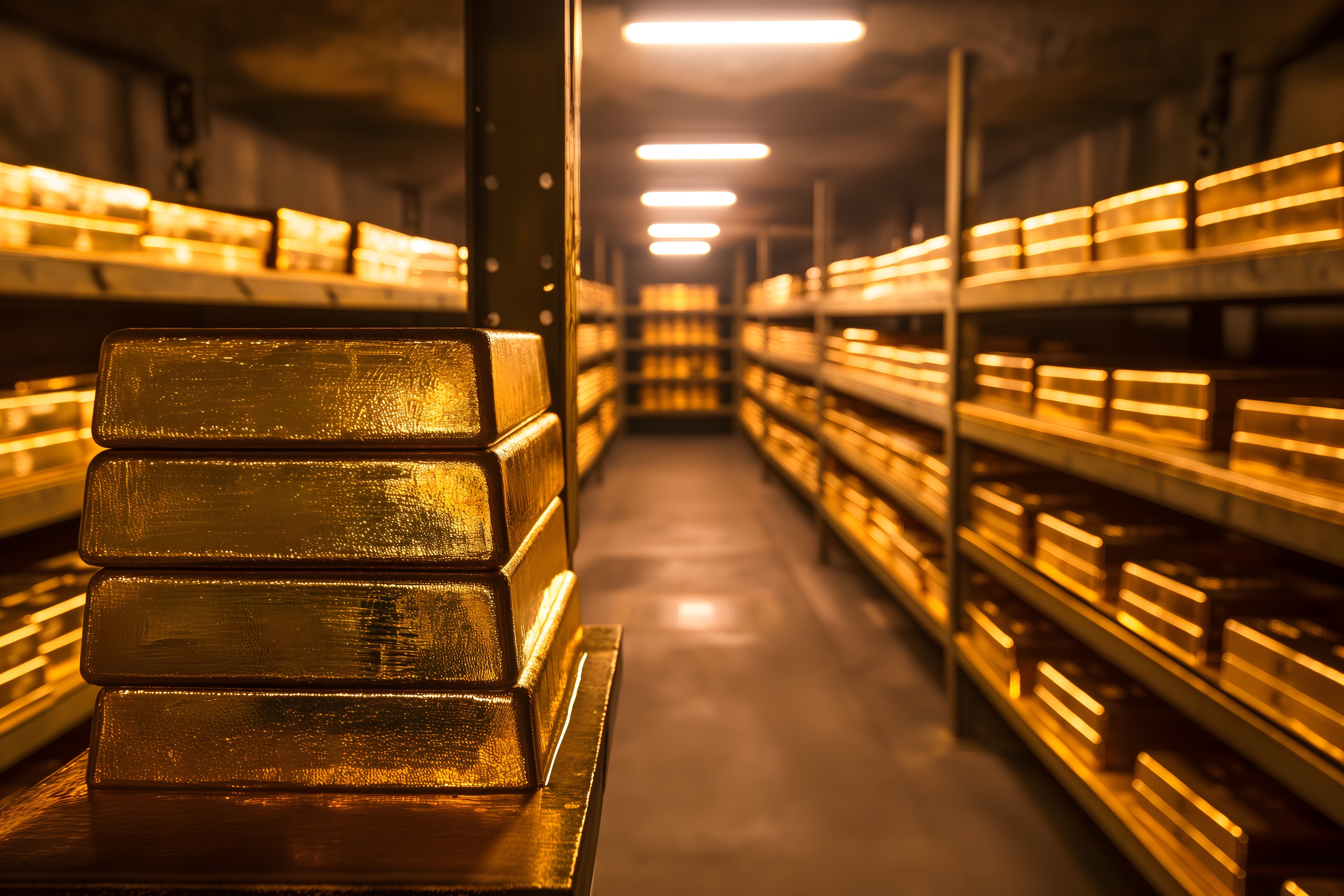Generic gold reserve vault with stacks of gold bars.