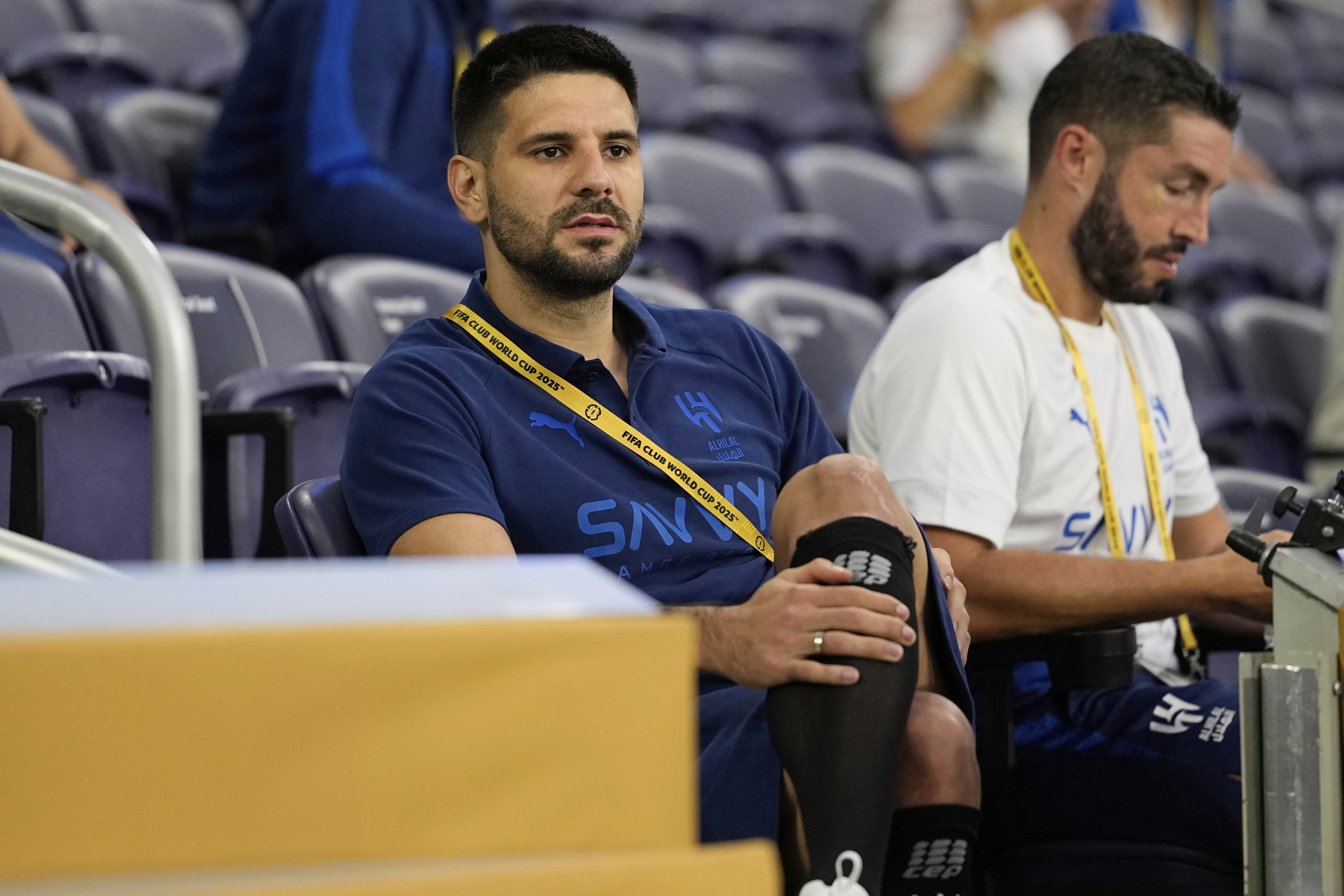Al Hilal's Aleksandar Mitrovic watches the Club World Cup Group H soccer match between Al Hilal and CF Pachuca in Nashville, Tenn., Thursday, June 26, 2025. (AP Photo/George Walker IV)