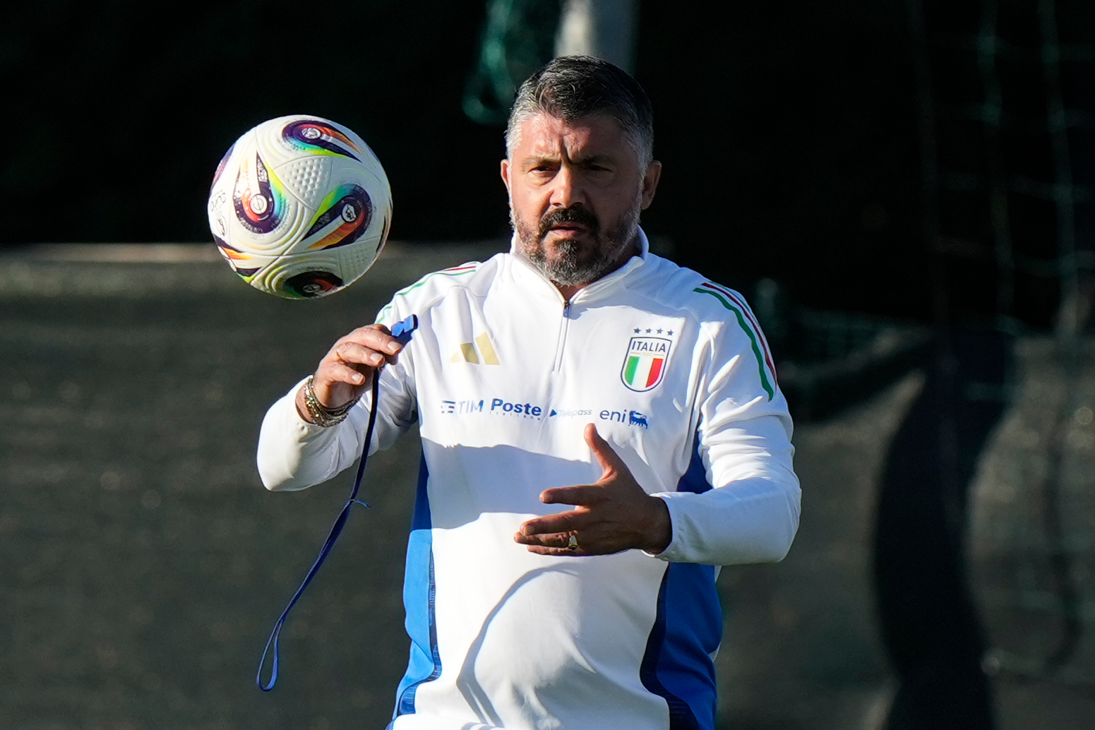 Italys's coach Gennaro Gattuso attends a training session ahead of Tuesday's World Cup 2026, Group I qualifying soccer match between Italy and Israel at the Bruseschi training center, in Udine, Italy, Monday, Oct.13, 2025. (AP Photo/Luca Bruno)