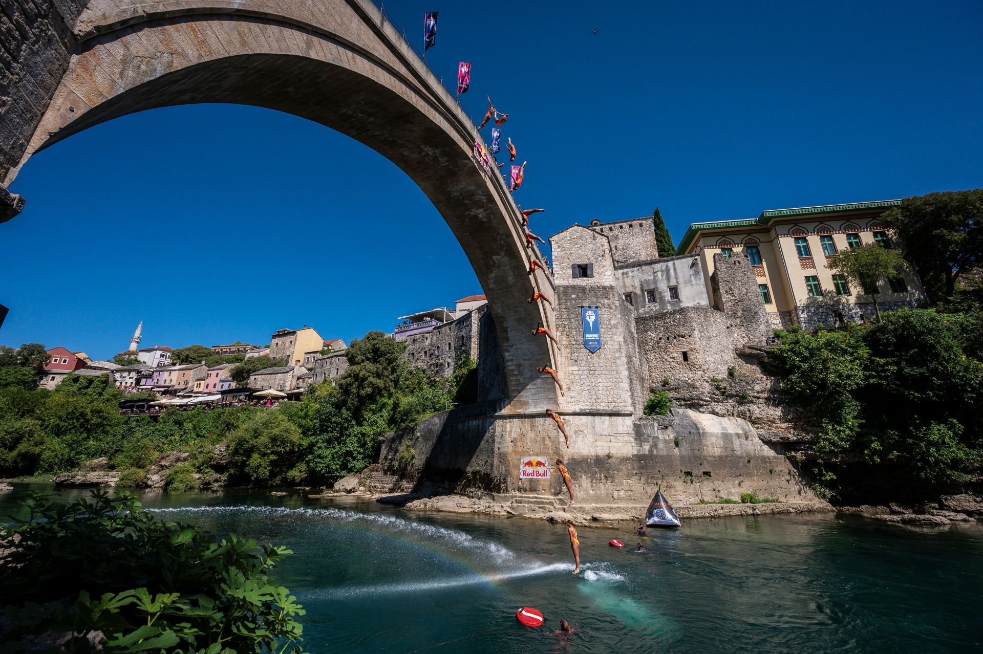 Nelli Chukanivska of the Ukraine dives from the 21 metre Stari Most (Old Bridge)