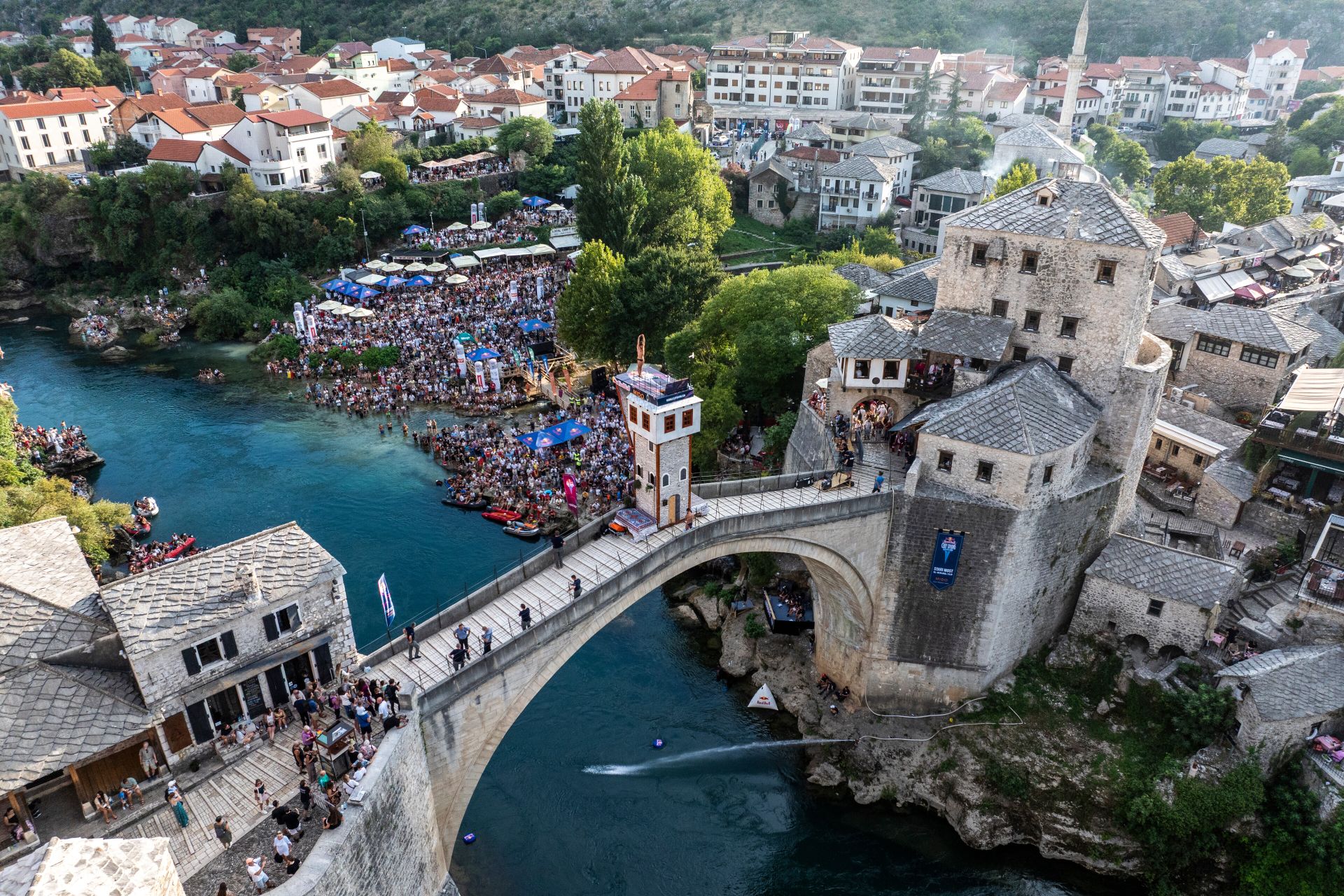 David Colturi of USA dives from the 27.5 metre platform on Stari Most (Old Bridge)