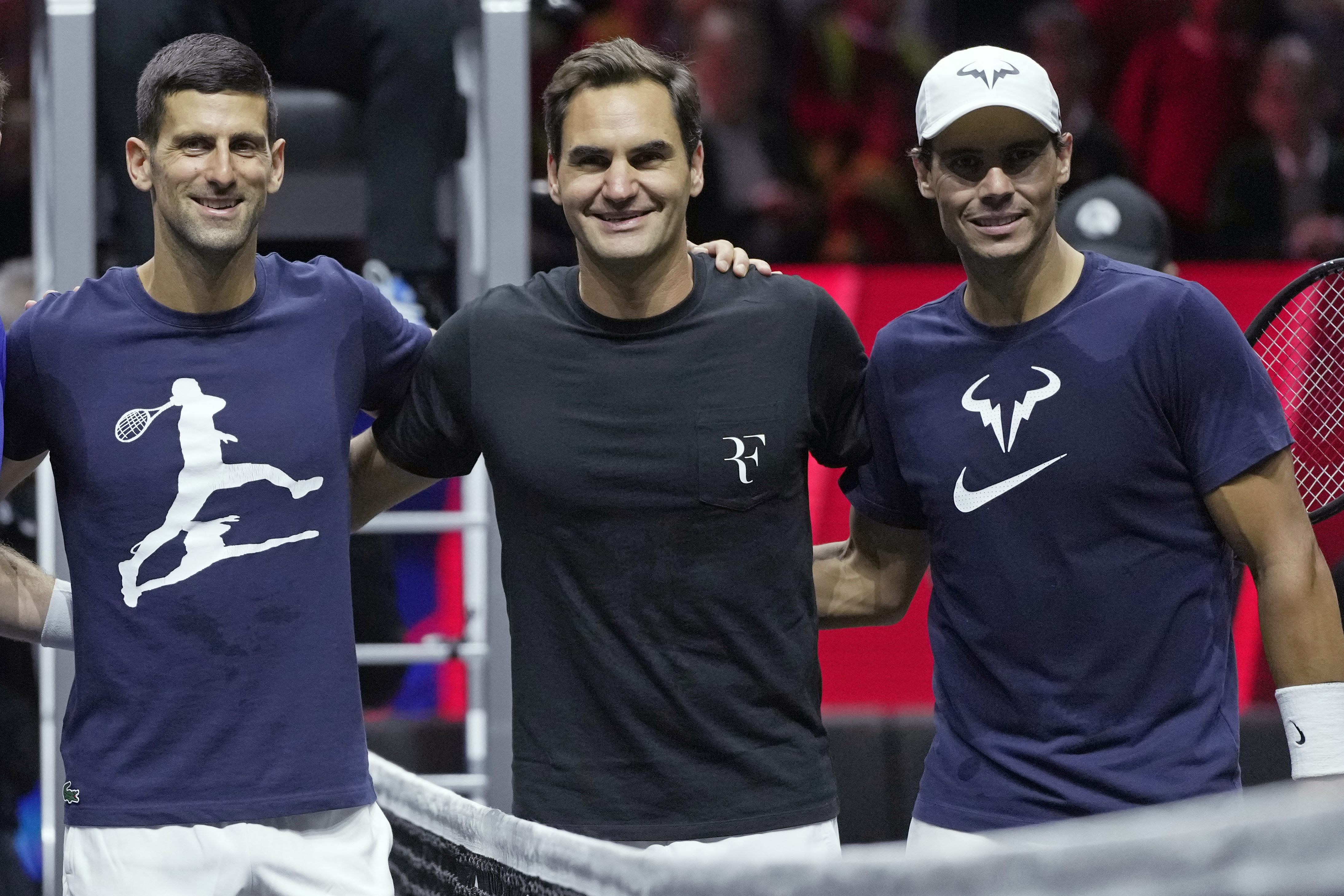 FILE - From left, Serbia's Novak Djokovic, Switzerland's Roger Federer and Spain's Rafael Nadal attend a training session ahead of the Laver Cup tennis tournament at O2 in London, Thursday, Sept. 22, 2022. (AP Photo/Kin Cheung, File)