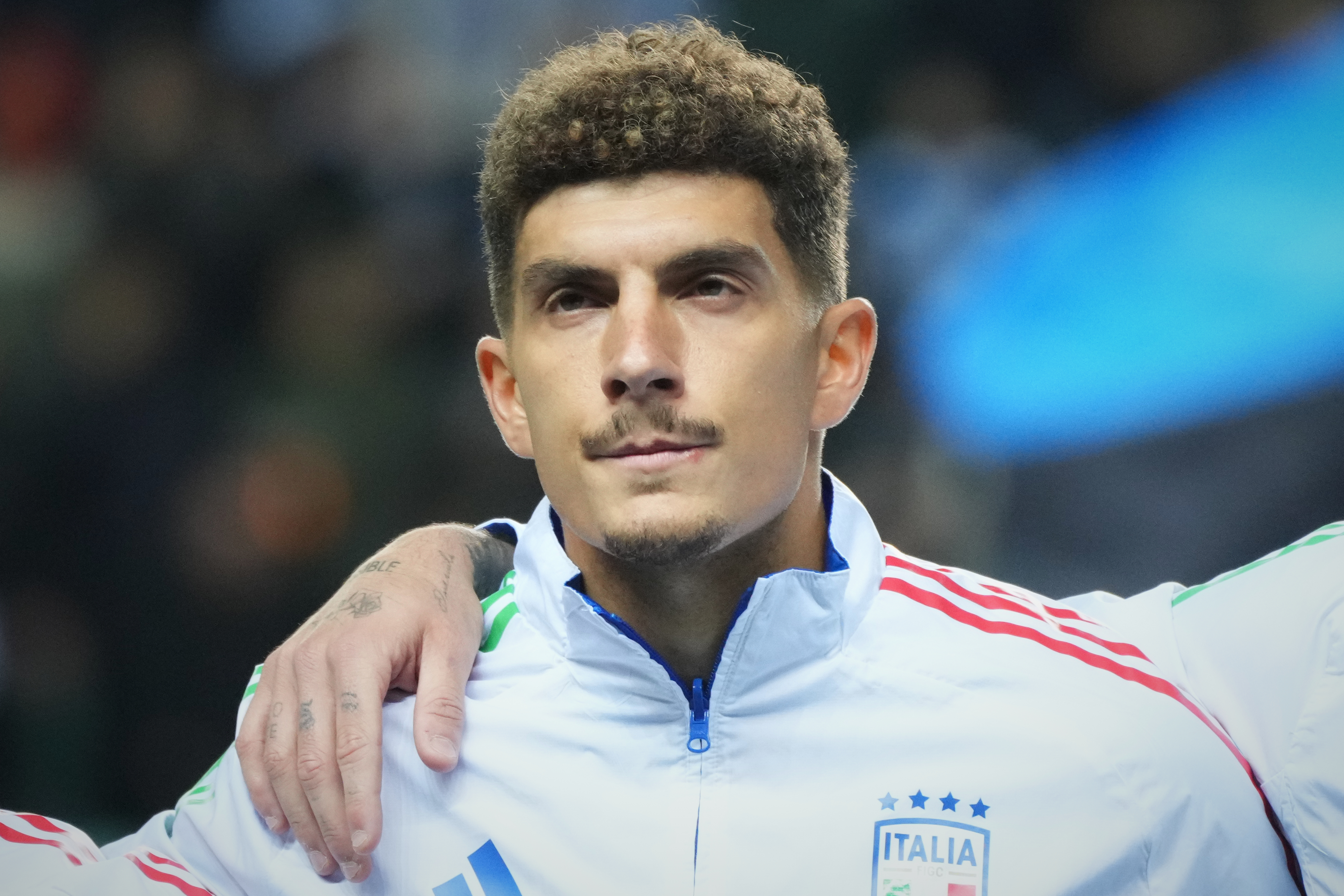 Italy's Giovanni Di Lorenzo prior the start of the World Cup 2026 group I qualifying soccer match between Estonia and Italy in Tallinn, Estonia, Saturday, Oct. 11, 2025. (AP Photo/Sergei Grits)