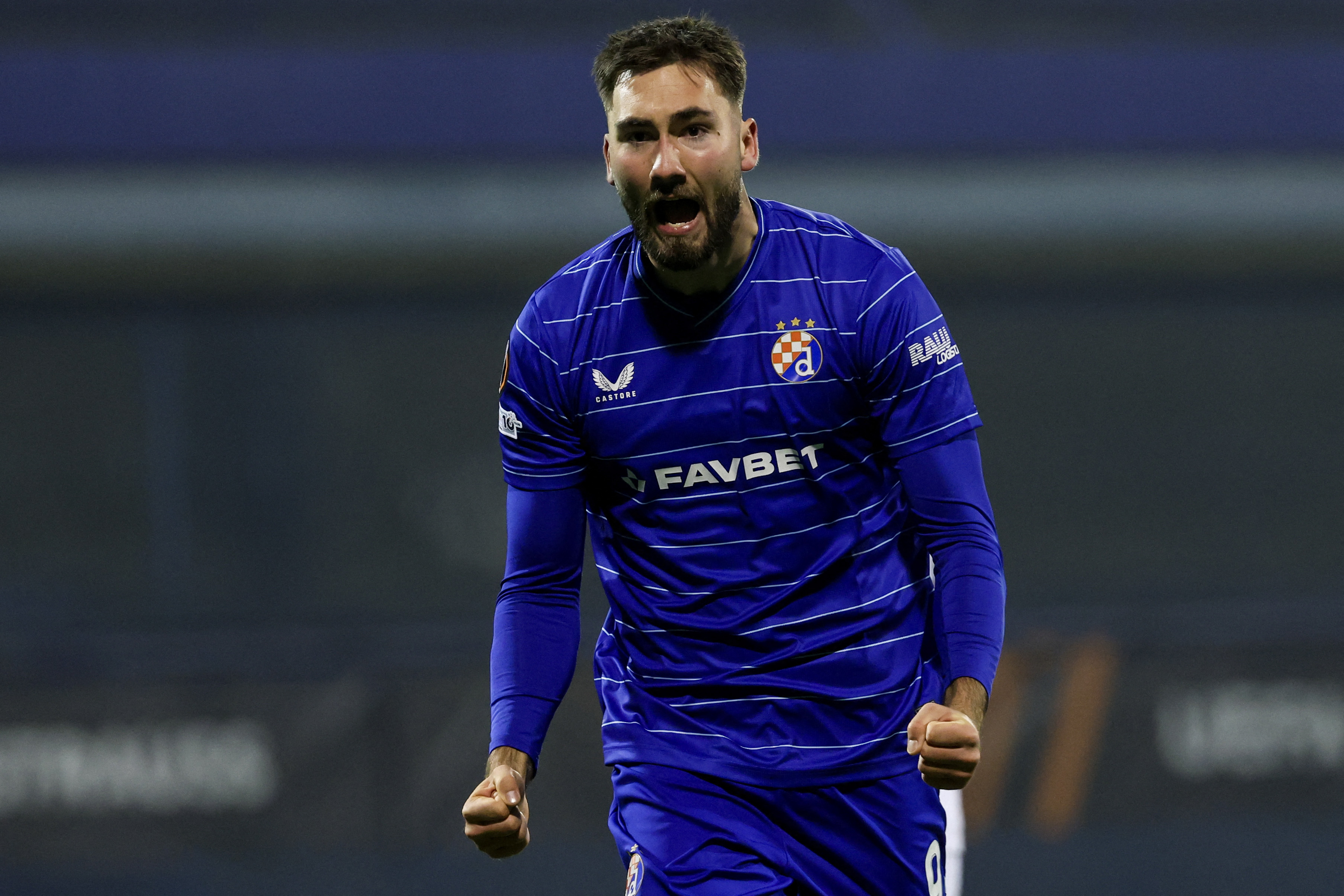 Dinamo Zagreb's Croatian forward Dion Beljo #9 celebrates after scoring his team second goal during the Europa League football match between between GNK Dinamo Zagreb and FCSB Bucharest at the Maksimir Stadium in Zagreb, on January 22, 2026. (Photo by MAR
