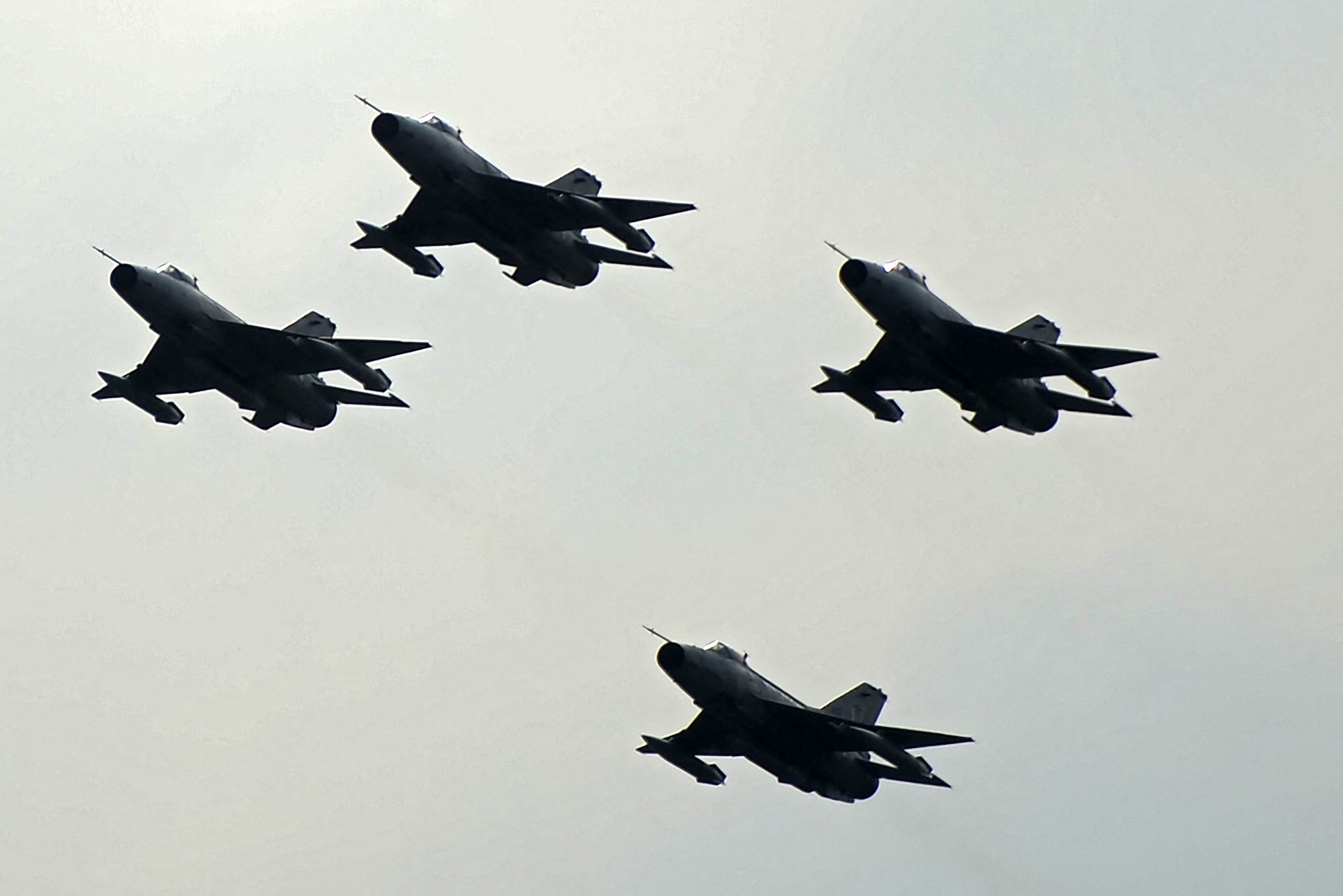 Fighter jets fly in a formation during a rehearsal ahead o