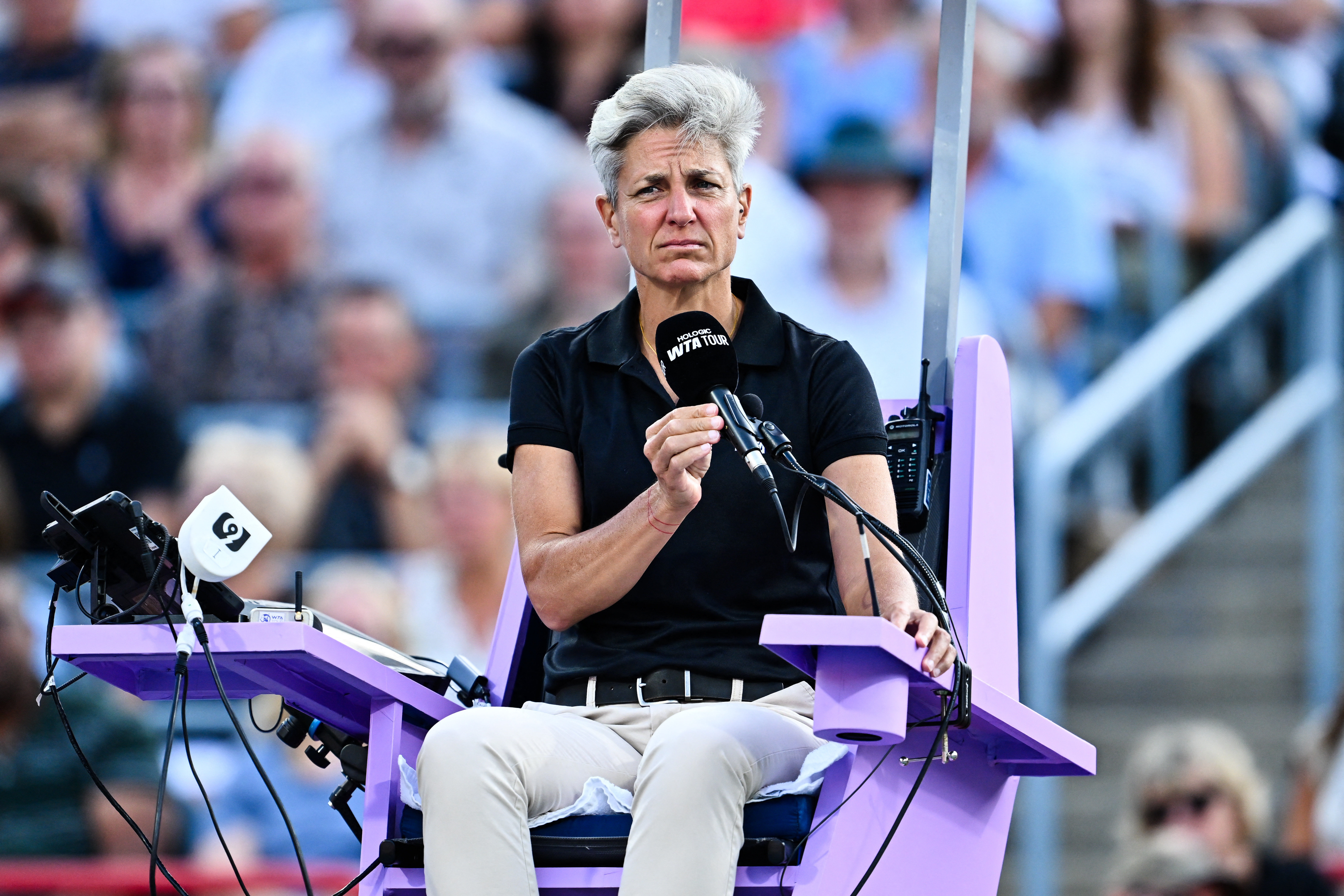 MONTREAL, CANADA - AUGUST 06: Chair umpire Marija Cicak of Croatia officiates between Victoria Mboko of Canada and Elena Rybakina of Kazakhstan during their semifinal singles women's match on Day Eleven of the WTA 1000 National Bank Open at IGA Stadium on