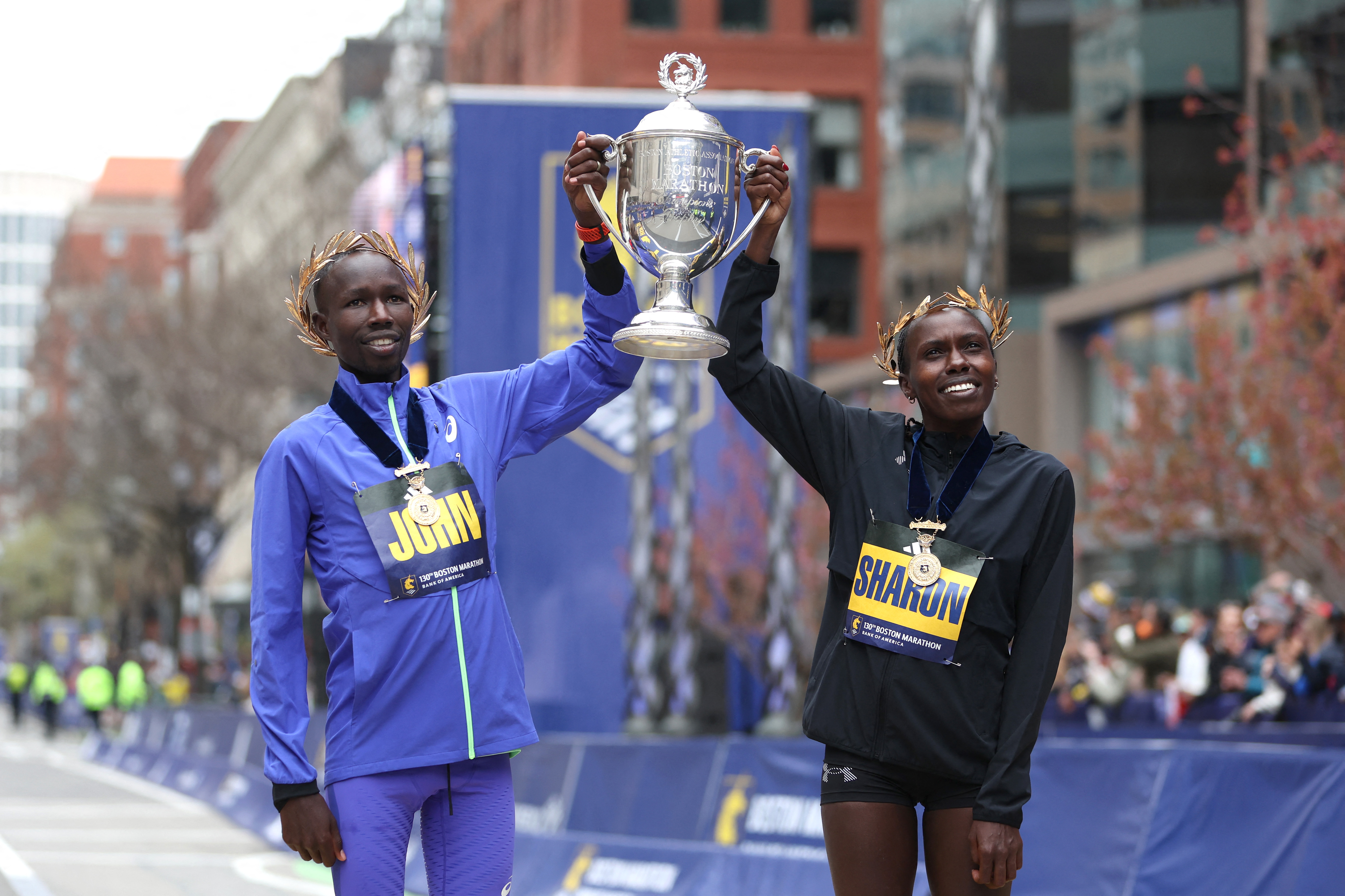 BOSTON, MASSACHUSETTS - APRIL 20: John Korir of Kenya and Sharon Lokedi of