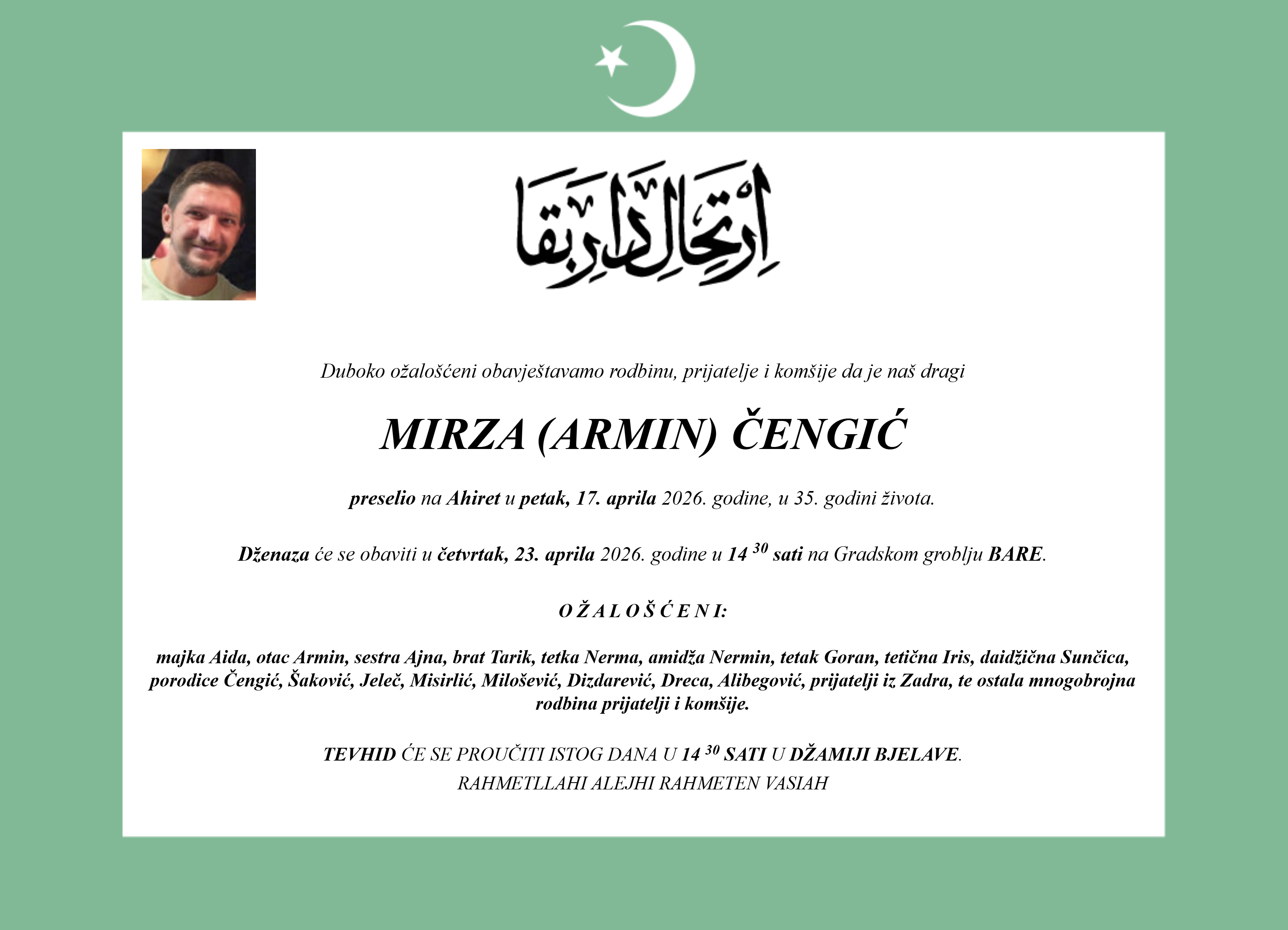 Smrtovnica MIRZA (ARMIN) ČENGIĆ