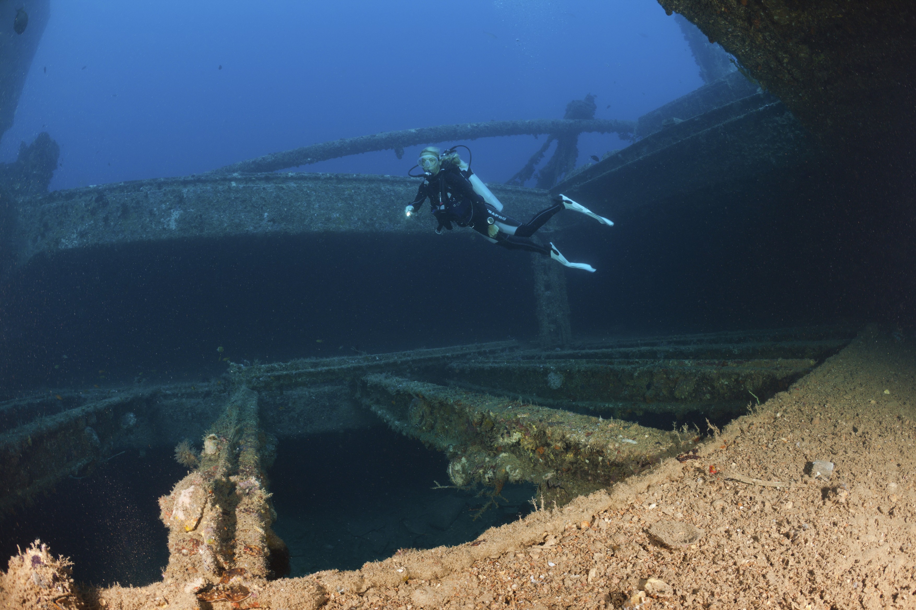 Diver over cargo hold wreck Maldive Victory
