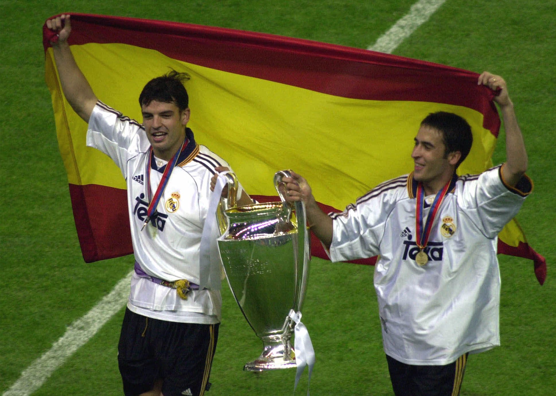 FILE - In this Wednesday May 24, 2000 file photo, Real Madrid's Fernando Morientes, left, and Raul Gonzalez celebrate their team's victory in the final of the Champions League against FC Valencia at the Stade de France in Saint Denis, north of Paris. Real