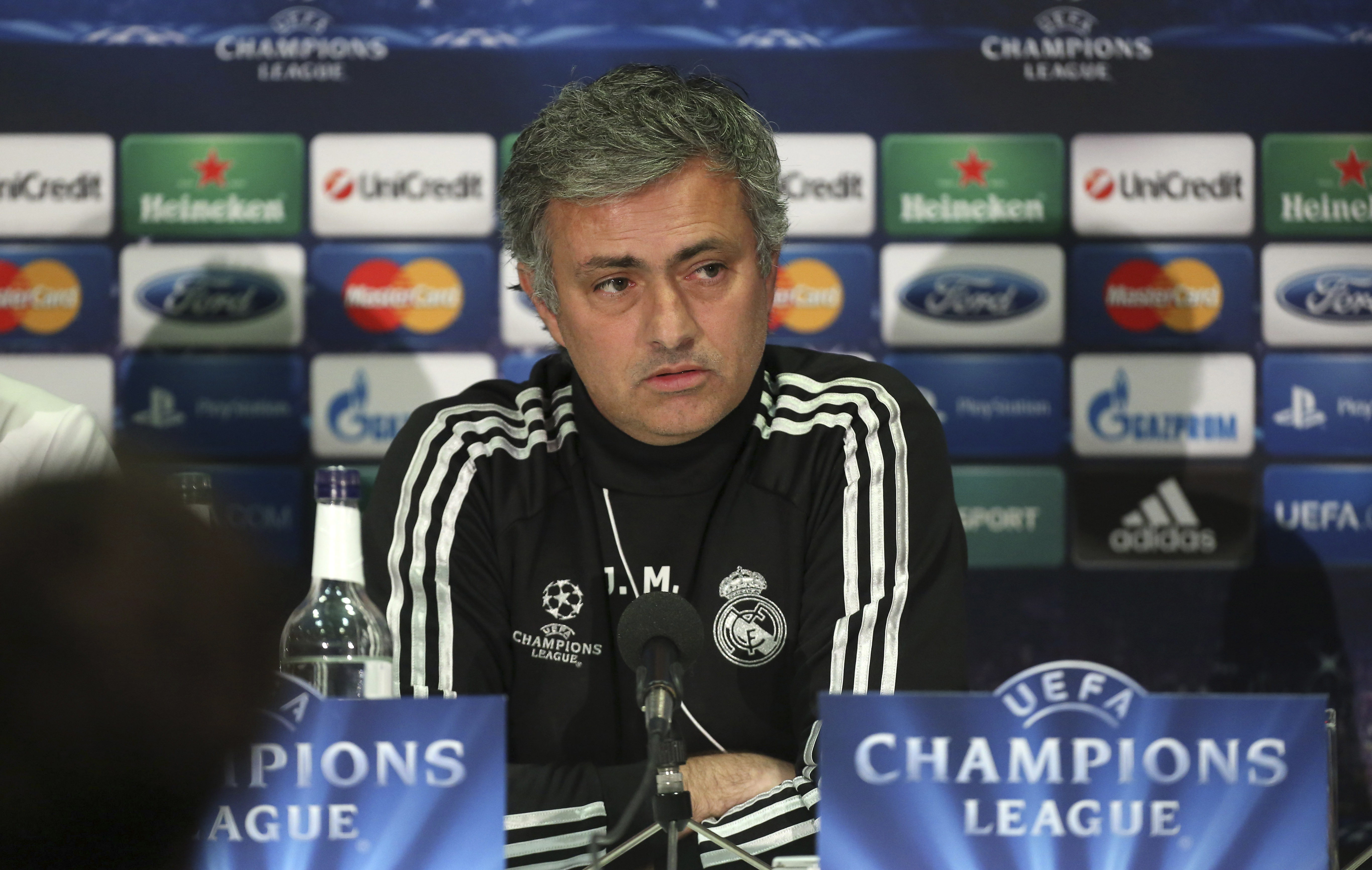 Real Madrid's manager Jose Mourinho answers questions during a press conference at Old Trafford Stadium in Manchester, Monday, March 4, 2013. Real Madrid will play Manchester United in a Champion's League round of 16 match on Tuesday. (AP Photo/Jon Super)