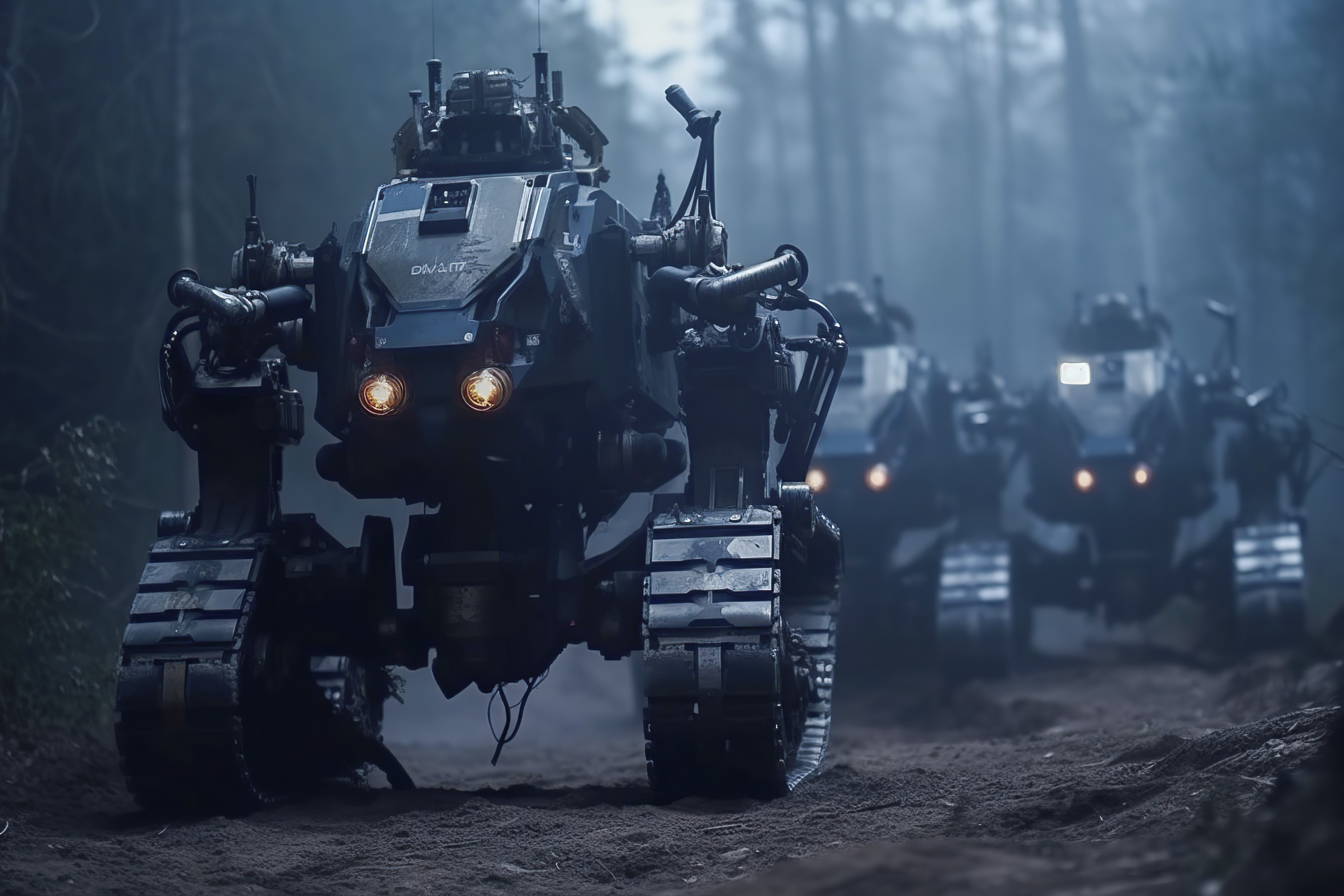 Fictional, AI combat robot tank on a burnt battlefield