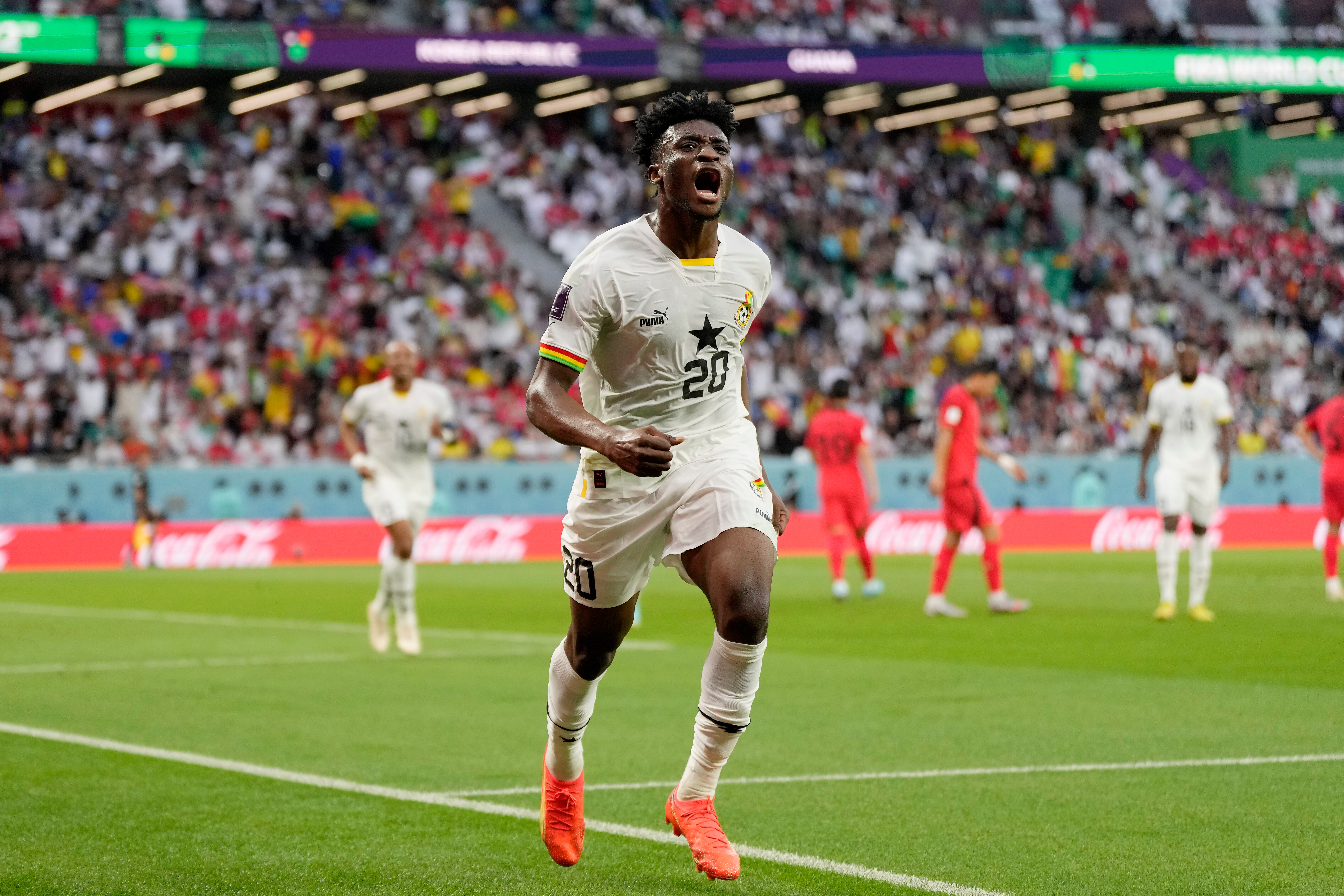 FILE - Ghana's Mohammed Kudus celebrates after he scored his side's second goal during the World Cup group H soccer match between South Korea and Ghana, at the Education City Stadium in Al Rayyan, Qatar, Monday, Nov. 28, 2022. (AP Photo/Lee Jin-man, File)