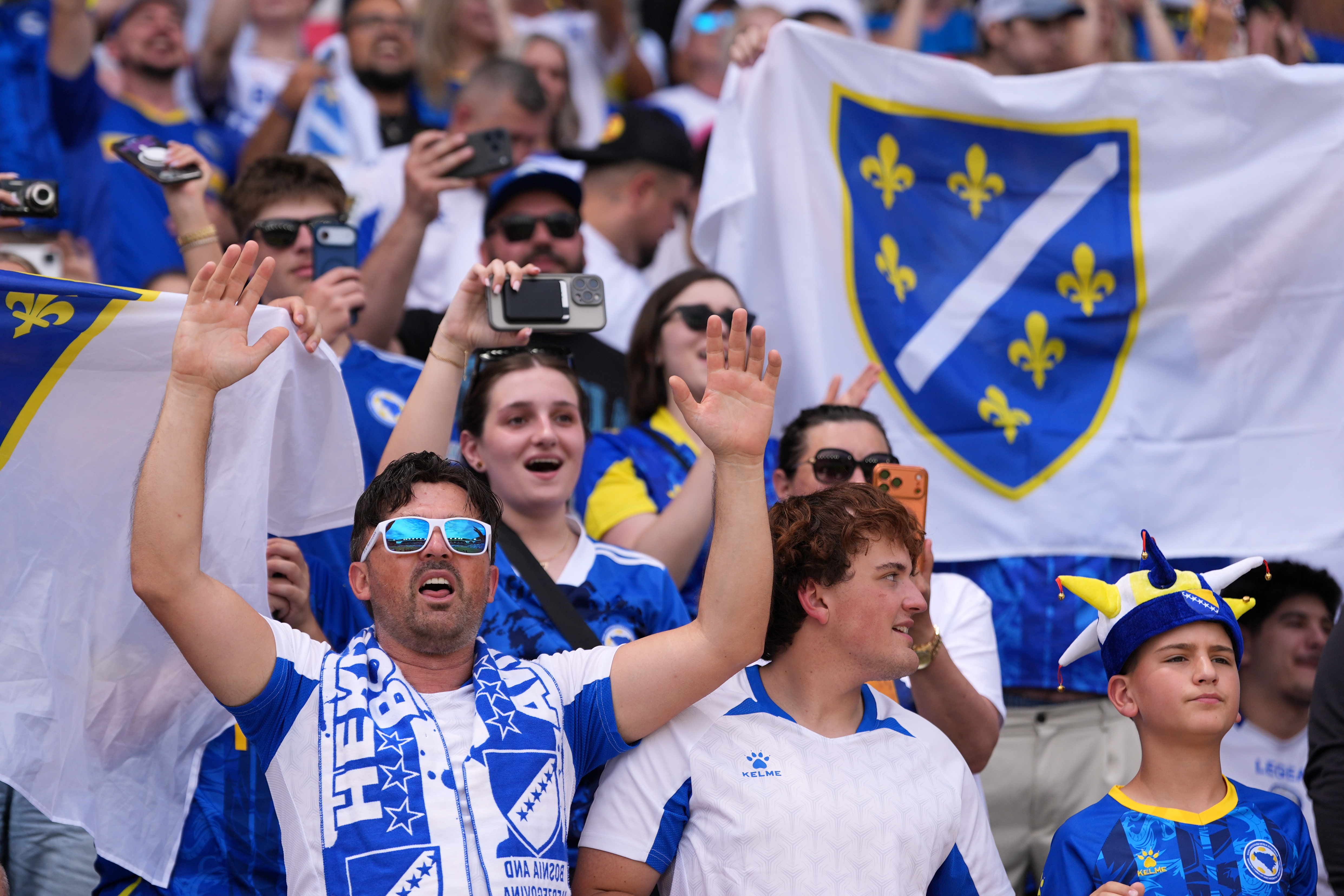 Bosnia fans cheer before the start of an international friendly soccer match between Bosnia and Panama Saturday, June 6, 2026, in St. Louis. (AP Photo/Jeff Roberson)
