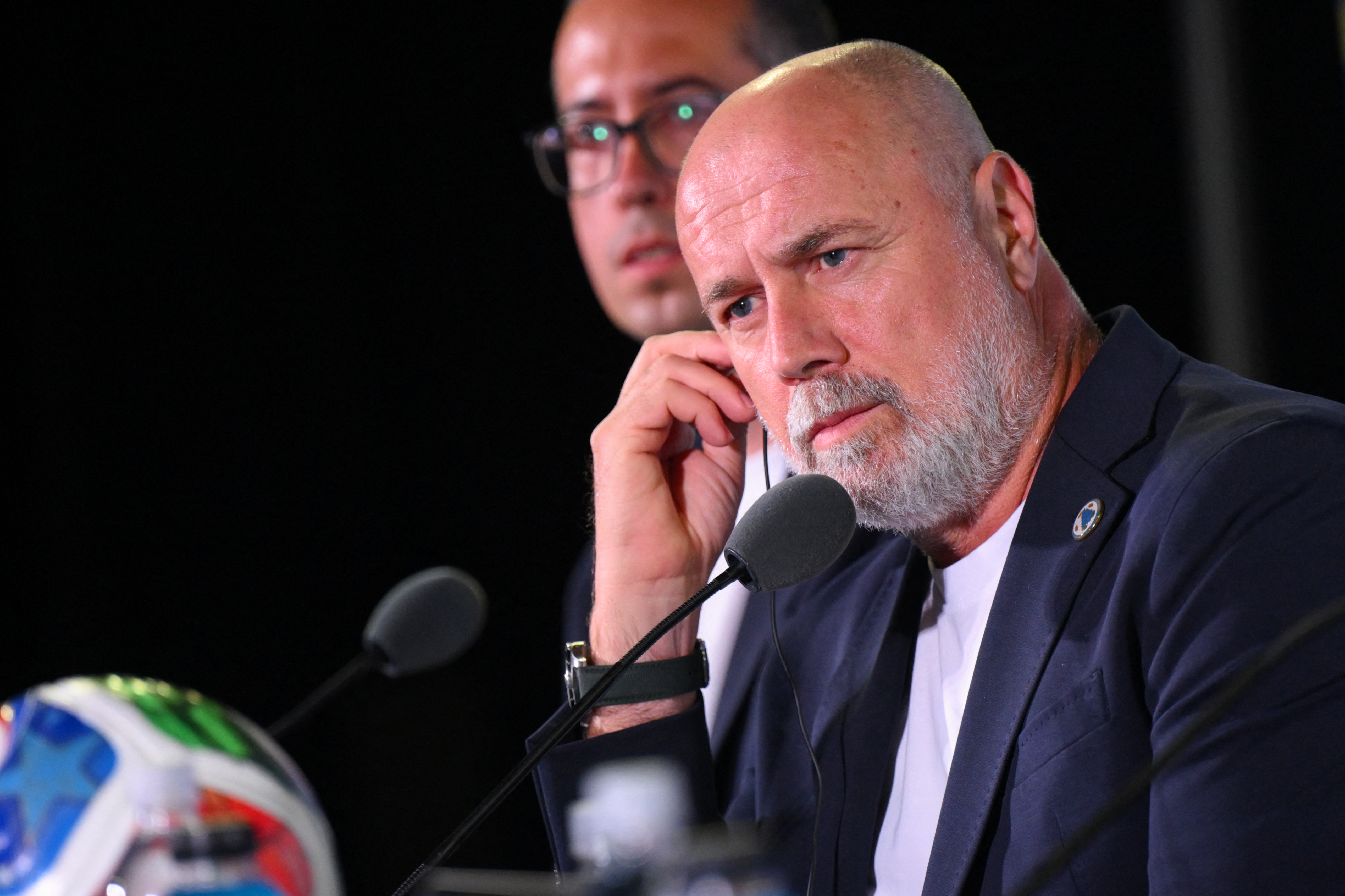 Bosnia-Herzegovina's head coach Sergej Barbarez gives a press conference in Los Angeles, California on June 17, 2026, on the eve of the 2026 World Cup football match between Switzerland and Bosnia and Herzegovina.  (Photo by Patrick T. Fallon / AFP)