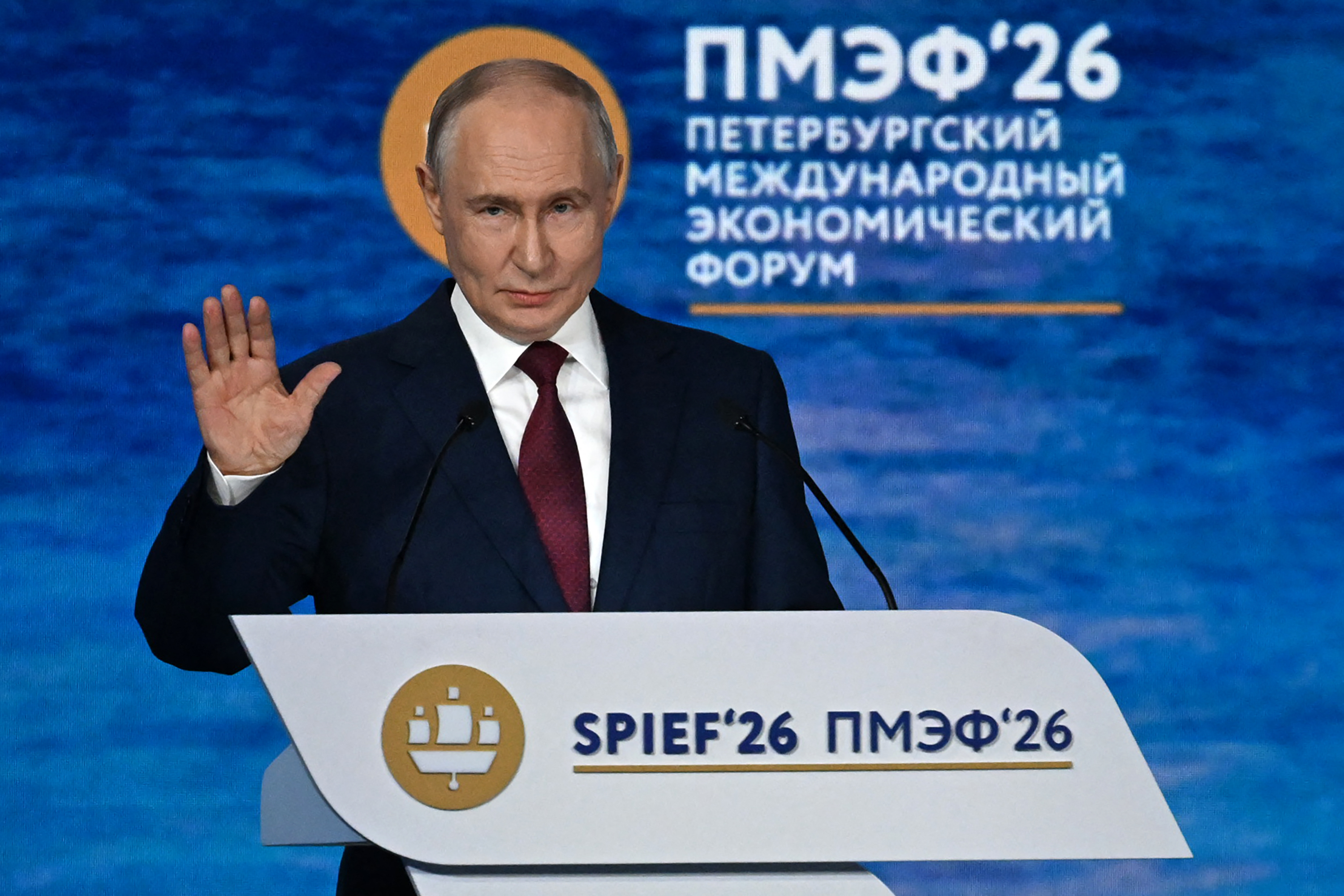 Russian President Vladimir Putin gestures as he delivers a speech during the plenary session of the St. Petersburg International Economic Forum (SPIEF) in Saint Petersburg on June 5, 2026. (Photo by OLGA MALTSEVA / AFP)
