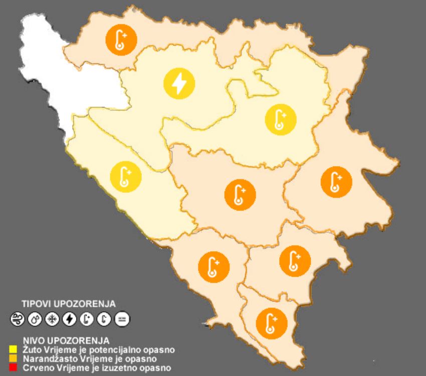 Žuti i narandžasti meteoalarm upaljeni za područje BiH na dan 18.7.2026.