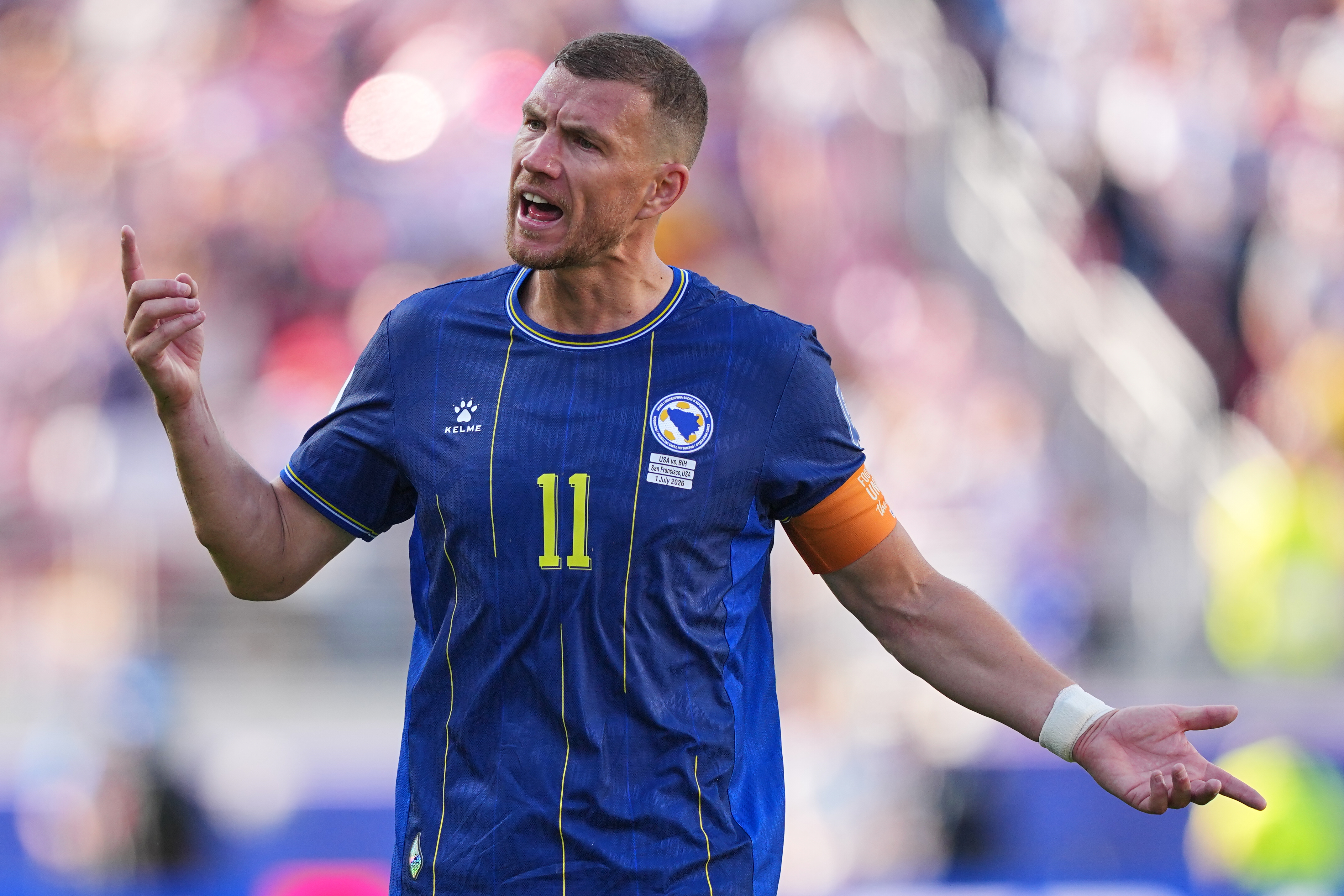 Bosnia's Edin Dzeko (11) reacts during the World Cup round of 32 soccer match between the United States and Bosnia in Santa Clara, Calif., near San Francisco, Wednesday, July 1, 2026. (AP Photo/Julio Cortez)