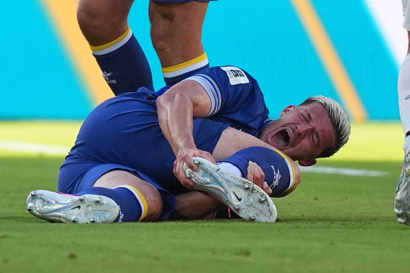 Bosnia's Tarik Muharemovic (4) reacts after a tackle form United States' Folarin Balogun (20) during the World Cup round of 32 soccer match between the United States and Bosnia in Santa Clara, Calif., near San Francisco, Wednesday, July 1, 2026. (AP Photo