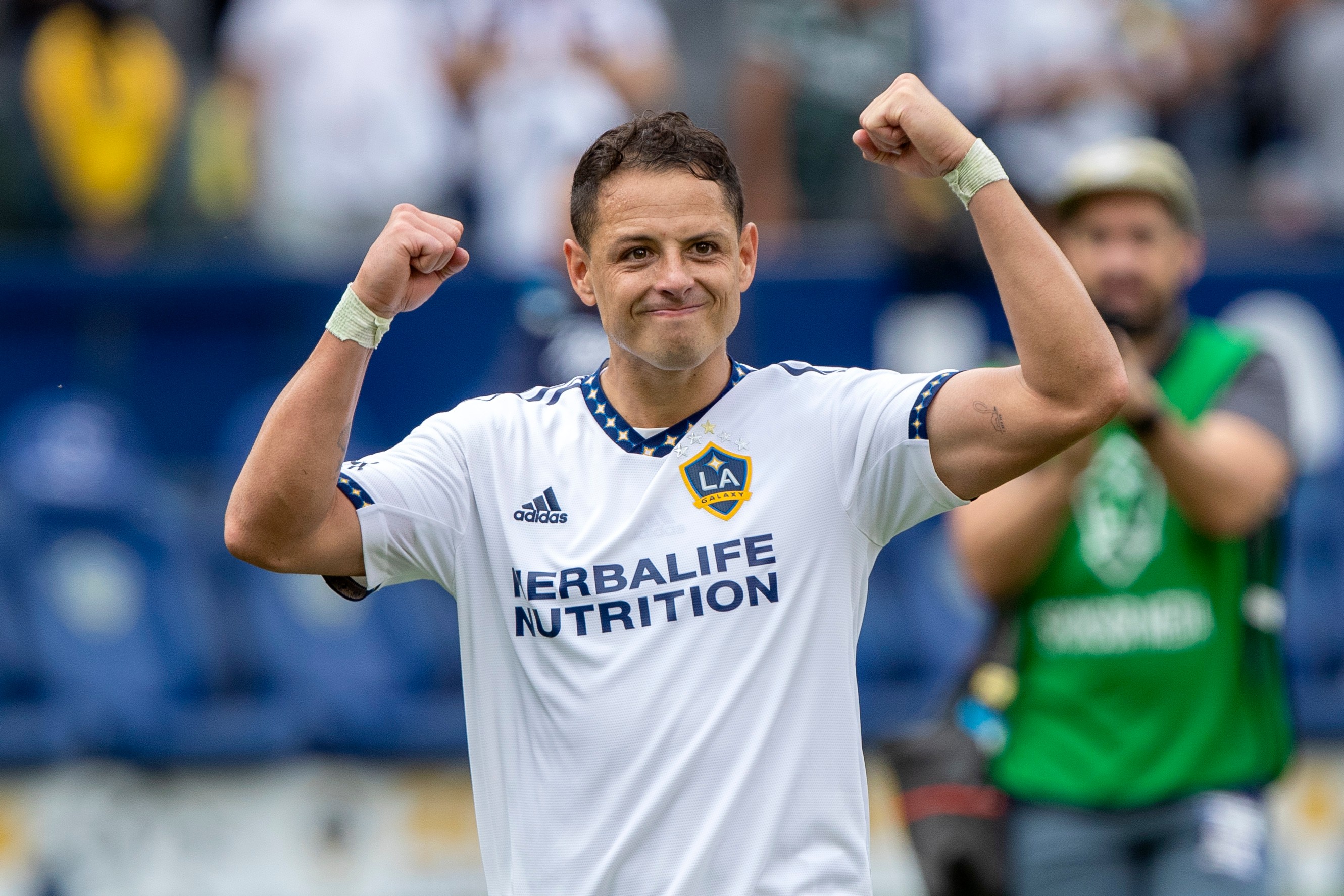 FILE - LA Galaxy forward Javier Hernandez reacts to fans after the Galaxy defeated Nashville SC in an MLS playoff soccer match, in Carson, Calif., Oct. 15, 2022. (AP Photo/Alex Gallardo, File)