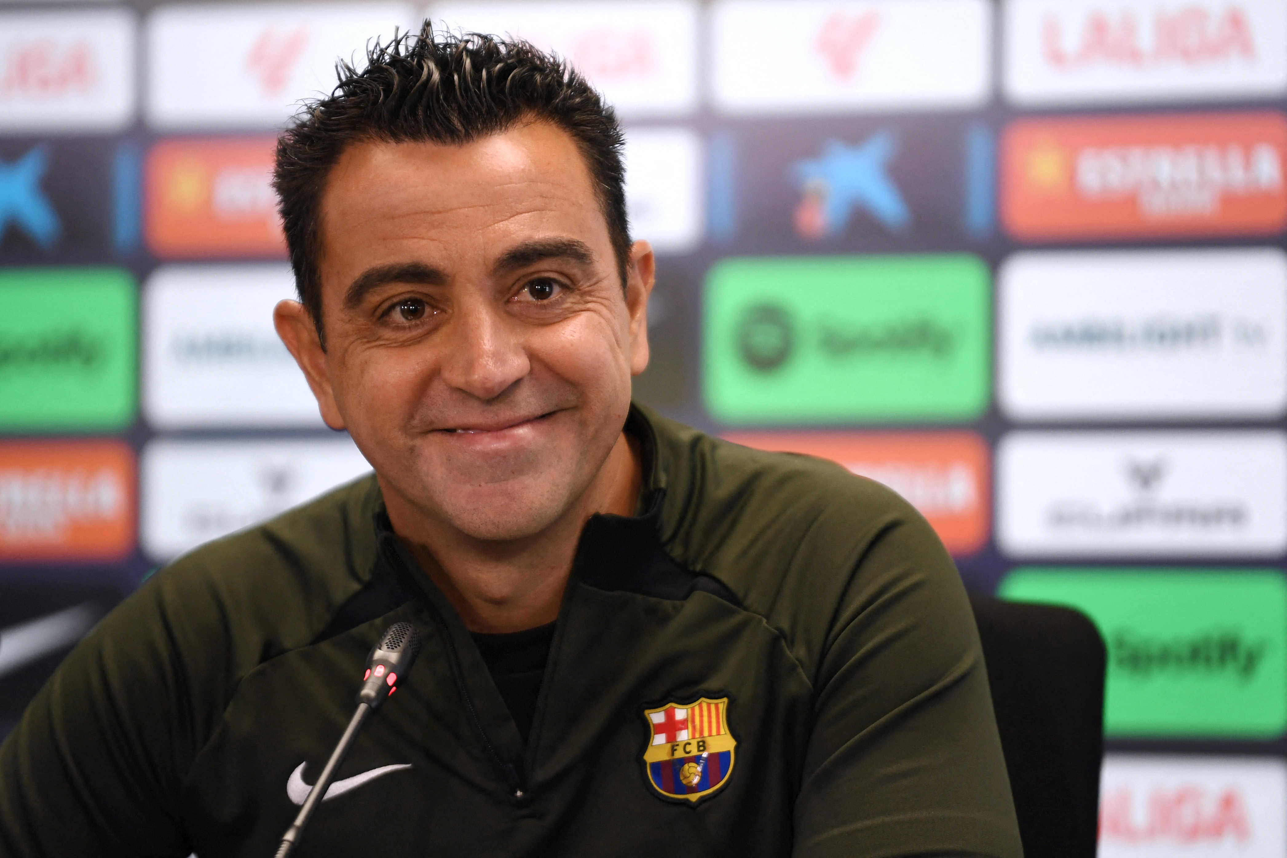 Barcelona Spanish coach Xavi holds a press conference at the Joan Gamper training ground in Sant Joan Despi, near Barcelona, on May 25, 2024. Sacked Barcelona coach Xavi Hernandez said today he was leaving the club with a "clear conscience". President Joa