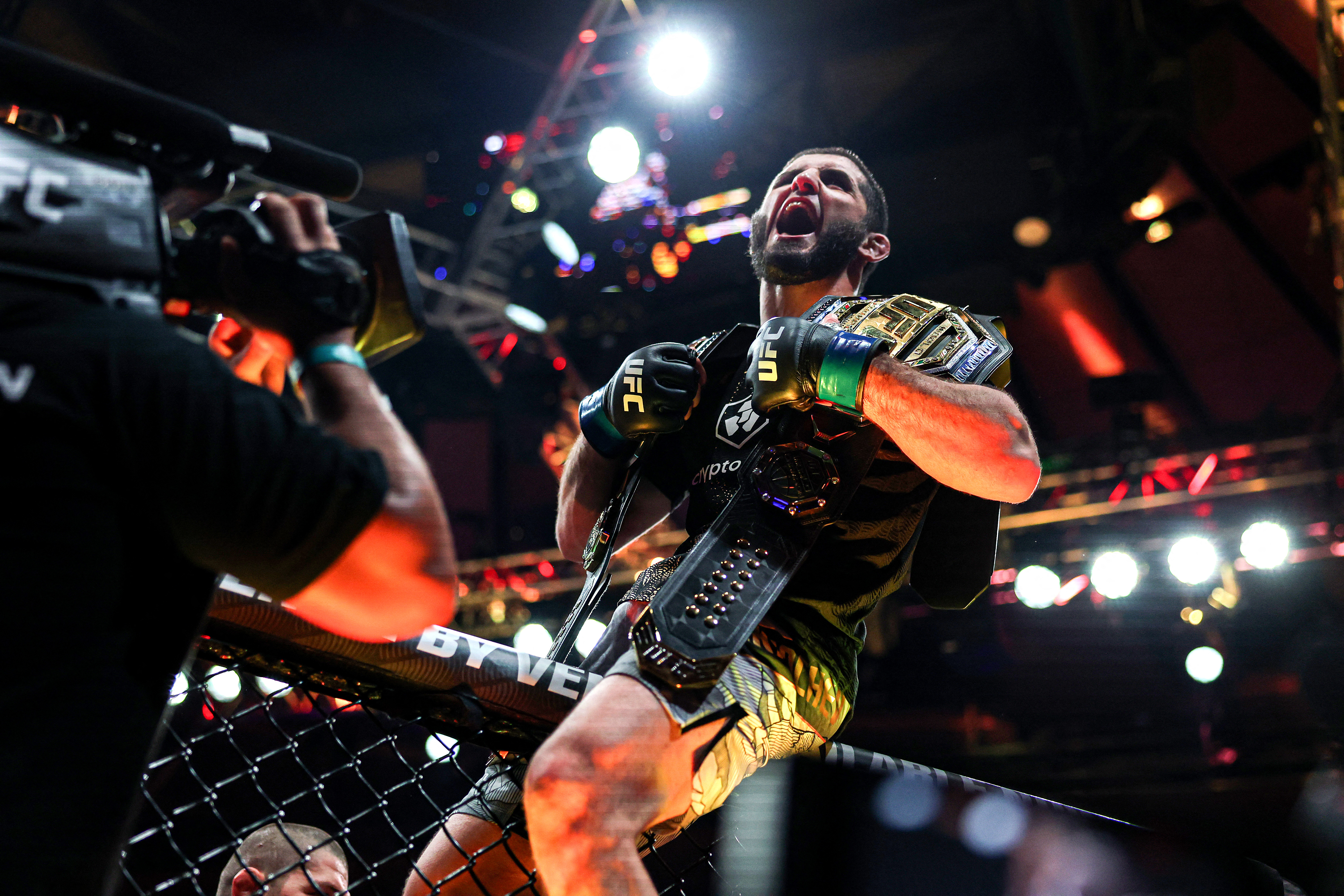 NEW YORK, NEW YORK - NOVEMBER 15: Islam Makhachev celebrates after defeating