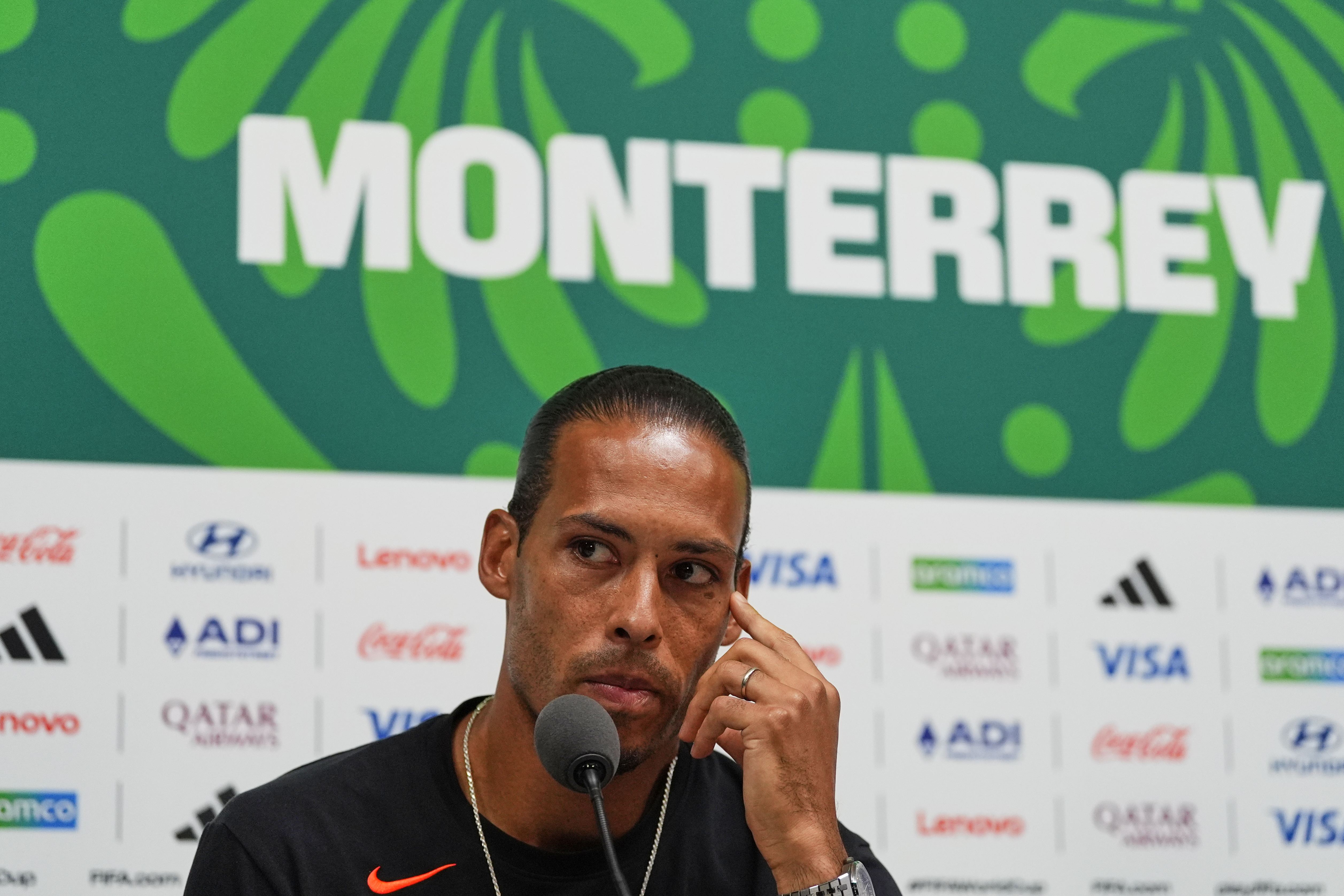 Netherlands' Virgil van Dijk attends a press conference ahead of the World Cup round of 32 soccer match against Morocco in Guadalupe, near Monterrey, Mexico, Sunday, June 28, 2026. (AP Photo/Moises Castillo)