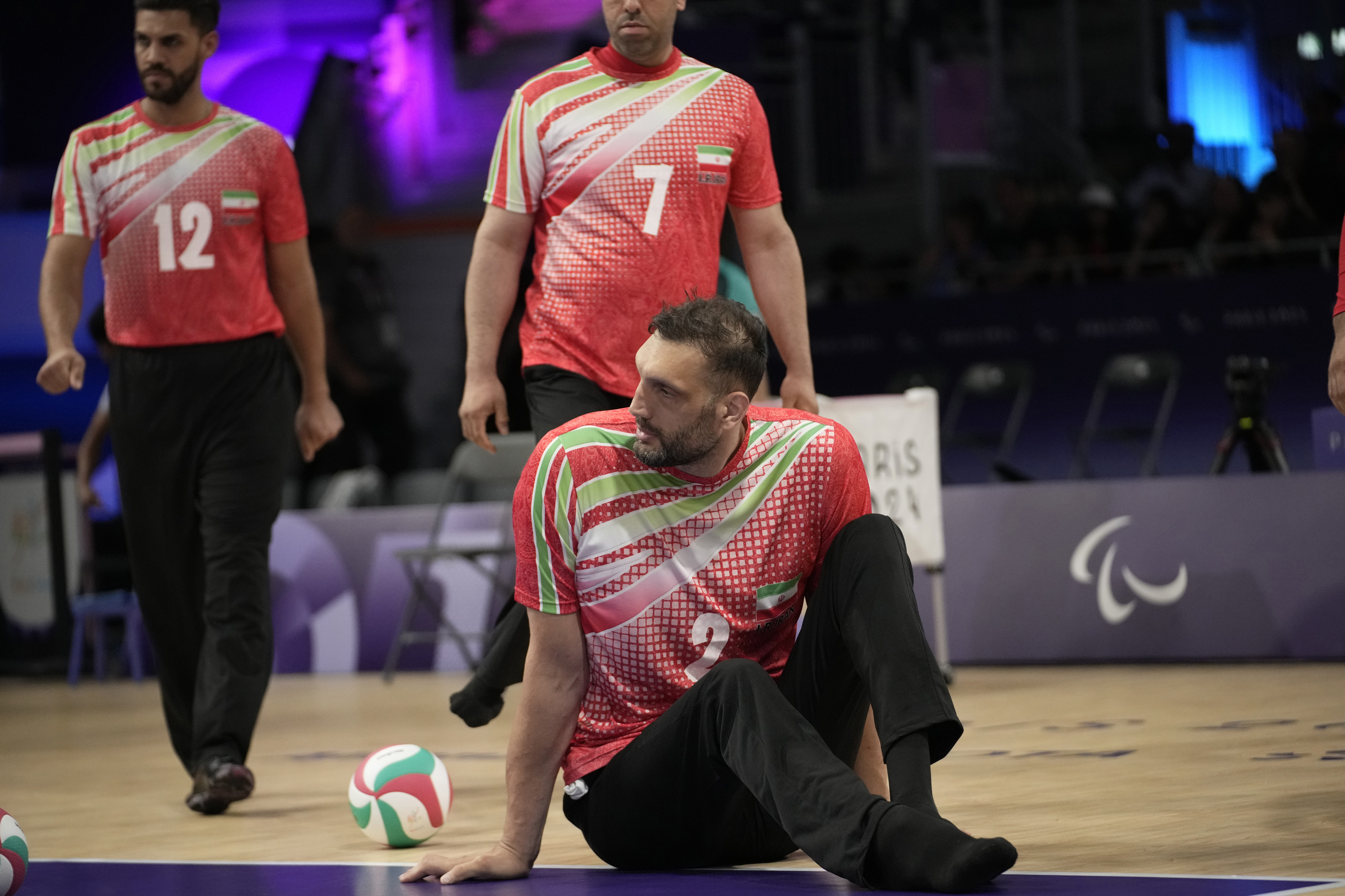 Morteza Mehrzad of Iran looks on during the men's preliminary round sitting volleyball game against Ukraine at the 2024 Paralympics, Friday, Aug. 30, 2024, in Paris, France. (AP Photo/Christophe Ena)