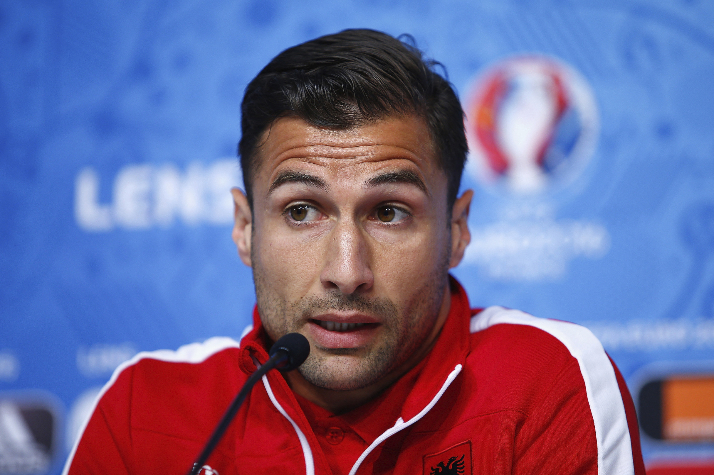 A handout picture taken and released on June 10, 2016 by UEFA shows Albania's