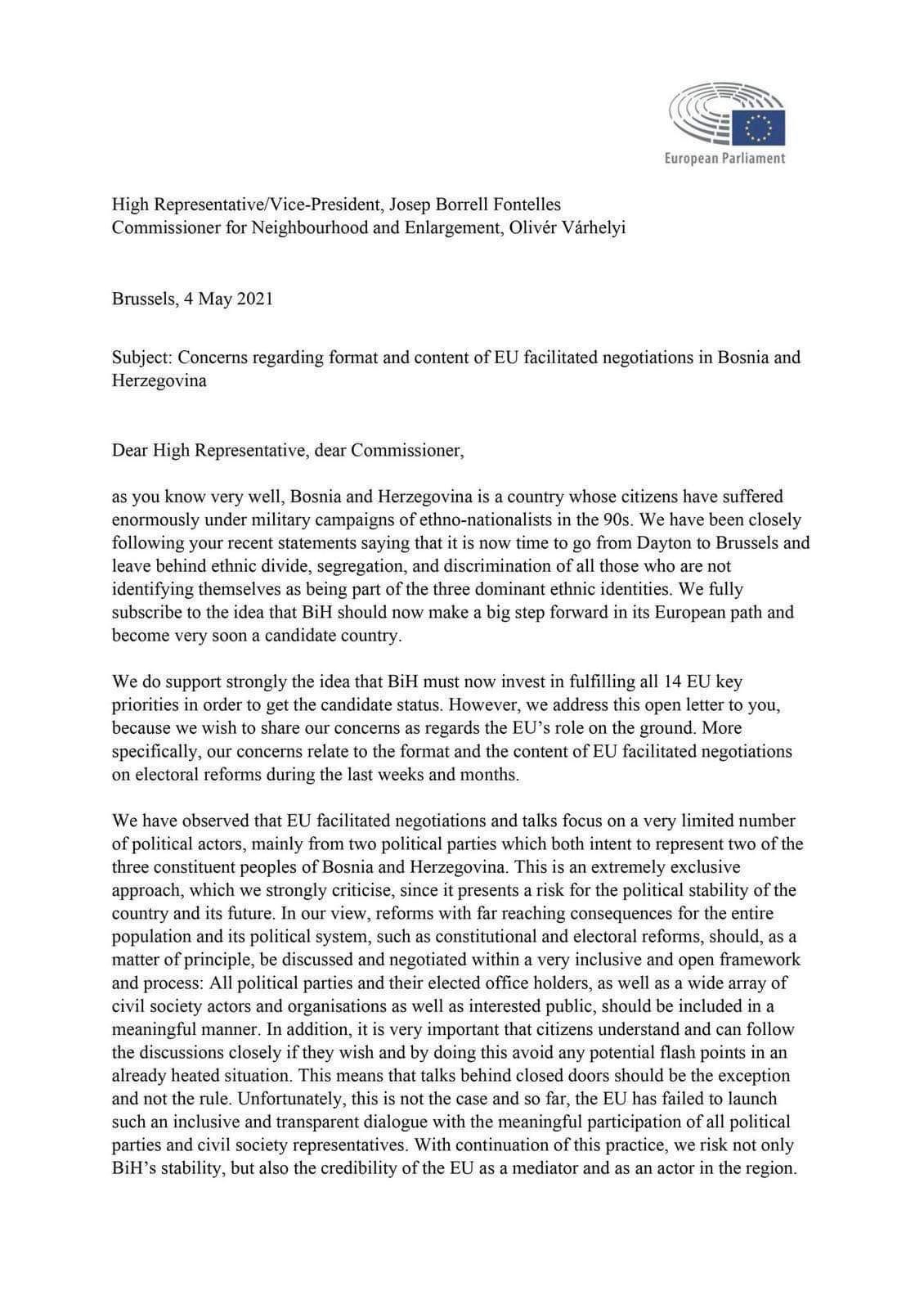 Pismo evropskih zastupnika Borrellu i Varhelyjiu o BiH