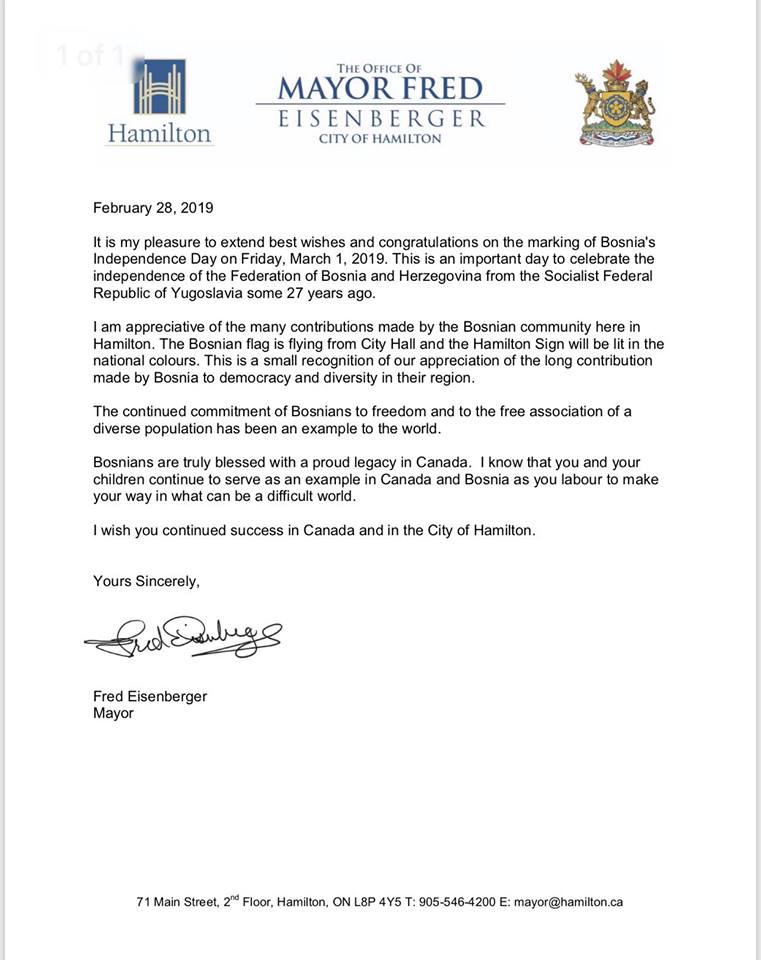 Cestitka za Dan nezavisnosti od gradonacelnika Hamiltona Fred Eisenberger