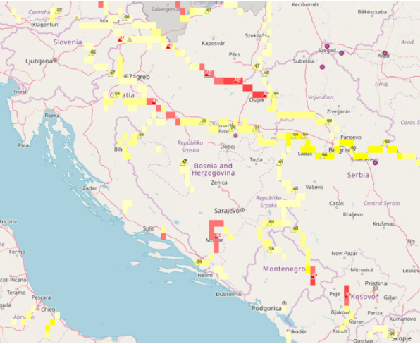 Mapirana područja po GloFAS platformi (Cloke, Zsoter i Pappenberger) s umjerenim (žuto) i visokim (crveno) rizikom od bujičnih plavljenja.